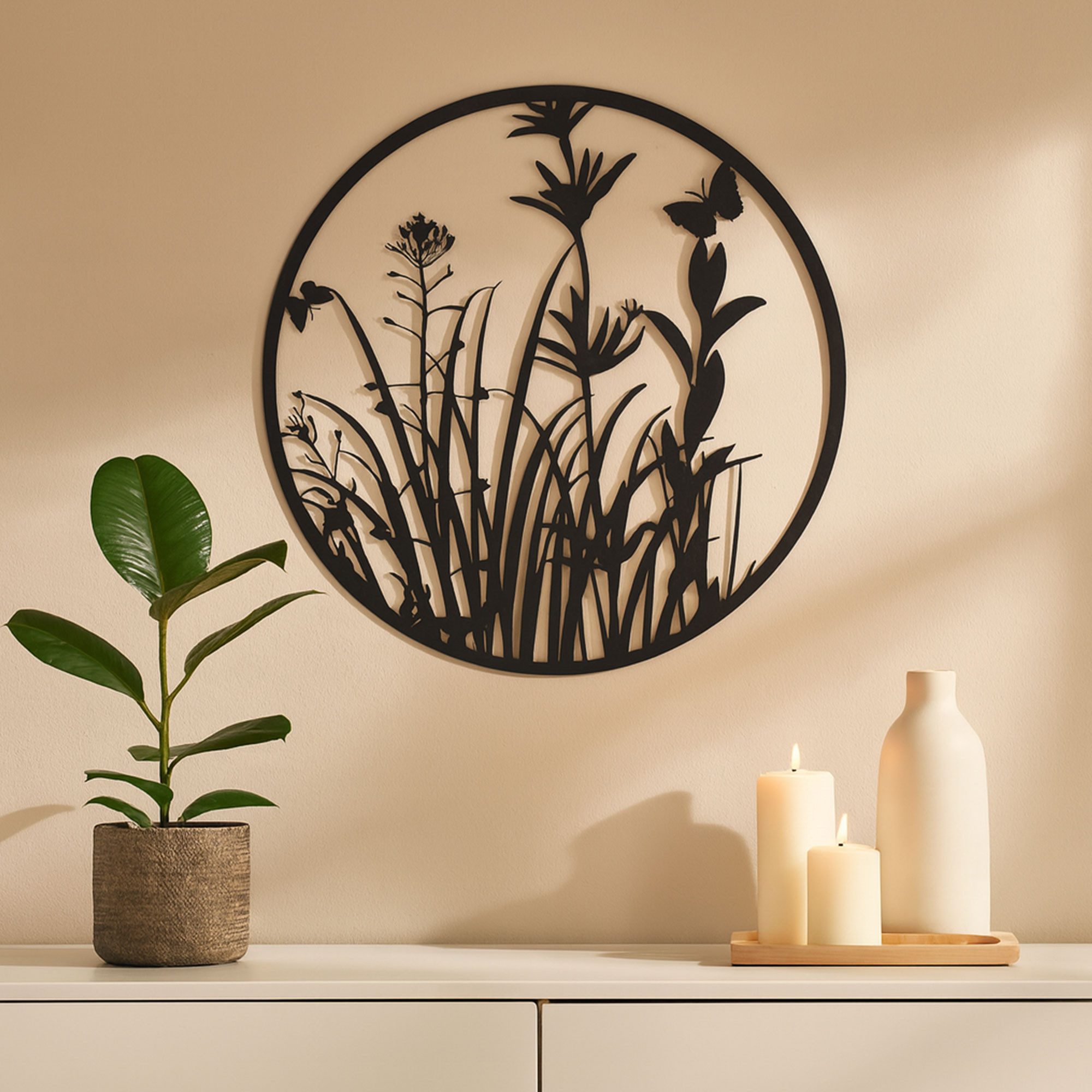 UNUS HOME Dekohänger Metall-Aufhänger Pflanzenmotiv rund (60 cm in Schwarz), Metallaufhänger rund, Wanddeko, Gartendeko