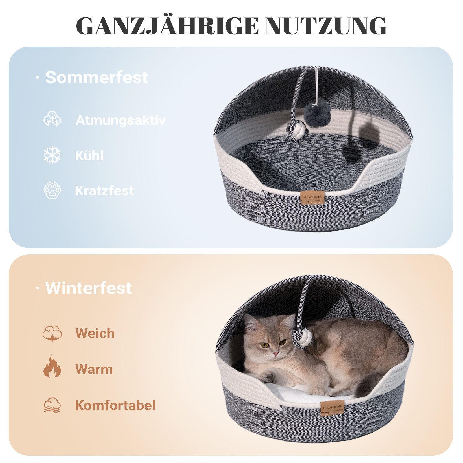 CheerPals Tierbett Geflochtene 2-in-1 Katzenhöhle & Katzenbett mit waschbarem Kissen, Vliesstoff/Polyester