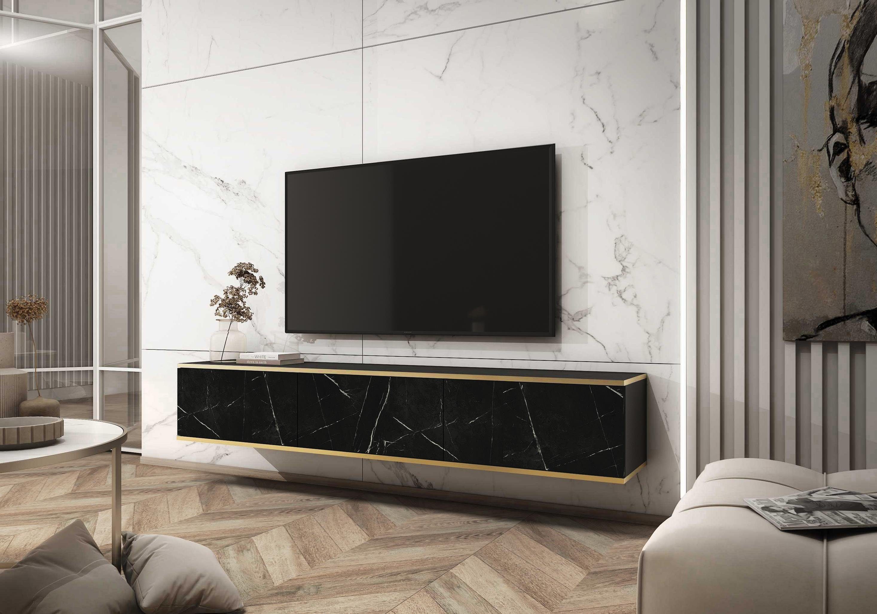 Furnix Sideboard LIWIA 175 Fernsehschrank TV-Schrank mit Zierleisten in Gold, 3 Türen, B175 x H30 x T32 cm Schwarzer Marmor/Gold