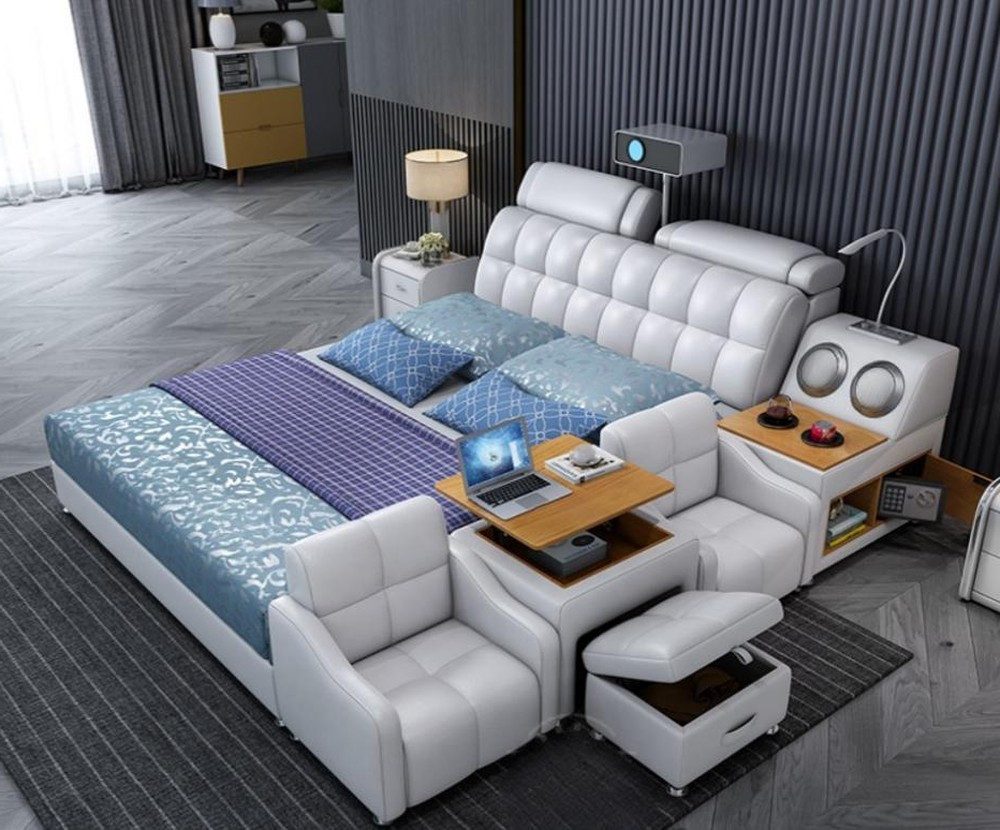 Xlmoebel Multimediabett Luxus Doppelbett aus Leder mit Stauraum-Boxen (Multifunktions Bett), Hergestellt in Europa