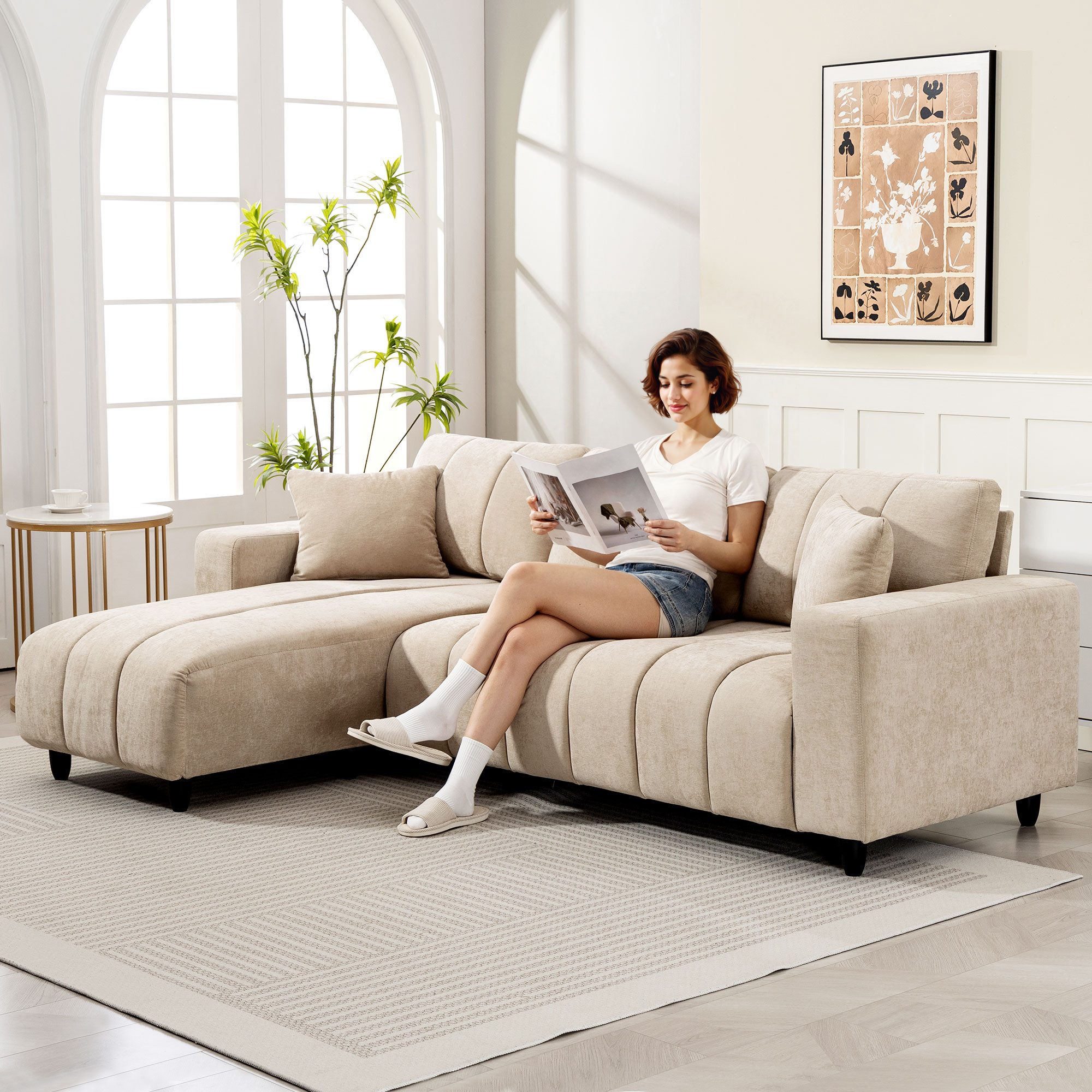 HOMCOM Ecksofa mit 2 Kissen, Couchgarnitur 1 Teile, für Wohnzimmer, Beige