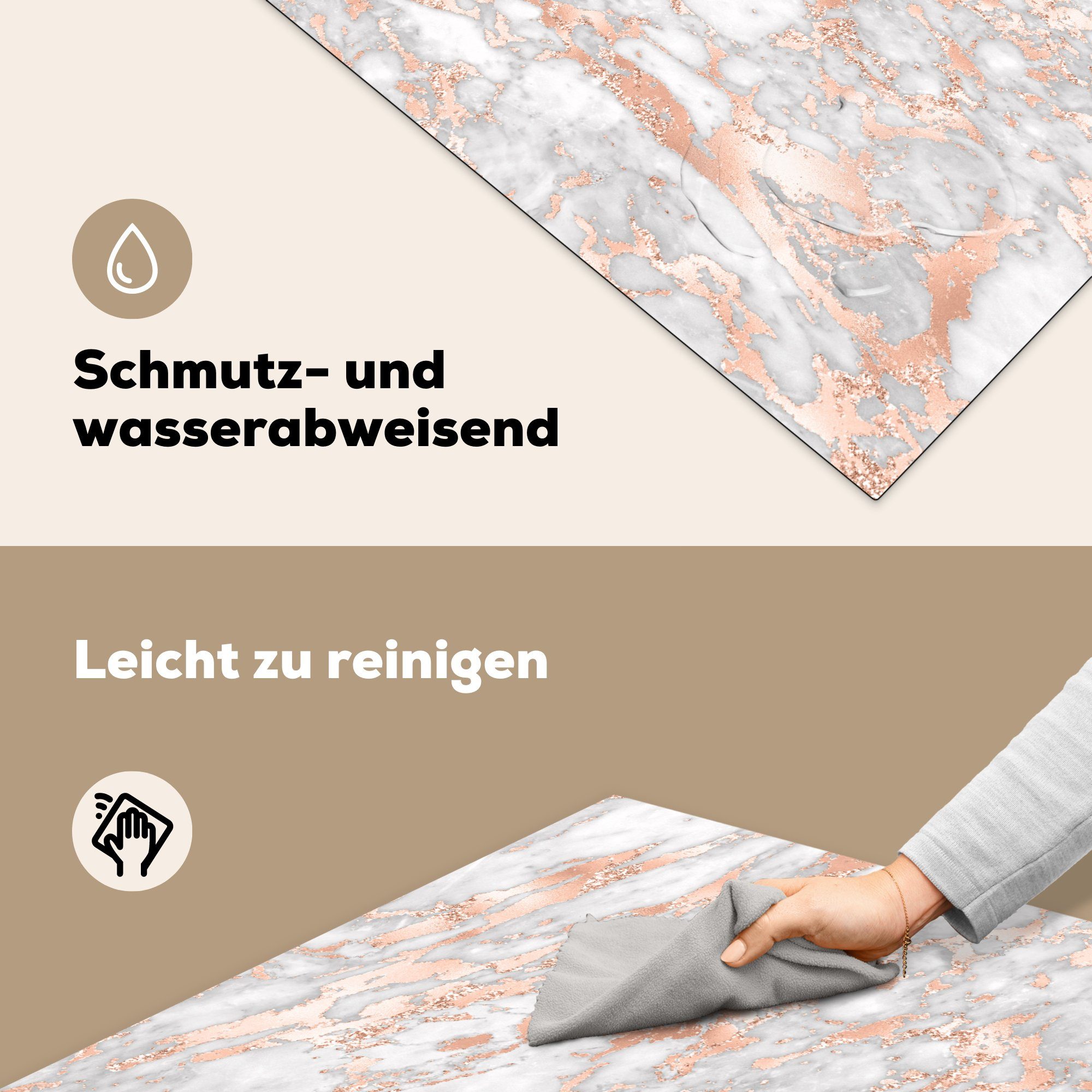 - Marmoroptik, Marmor MuchoWow 78x78 küche - Arbeitsplatte - für Herdblende-/Abdeckplatte tlg), Grau Ceranfeldabdeckung, Roségold (1 Luxus - Vinyl, cm,