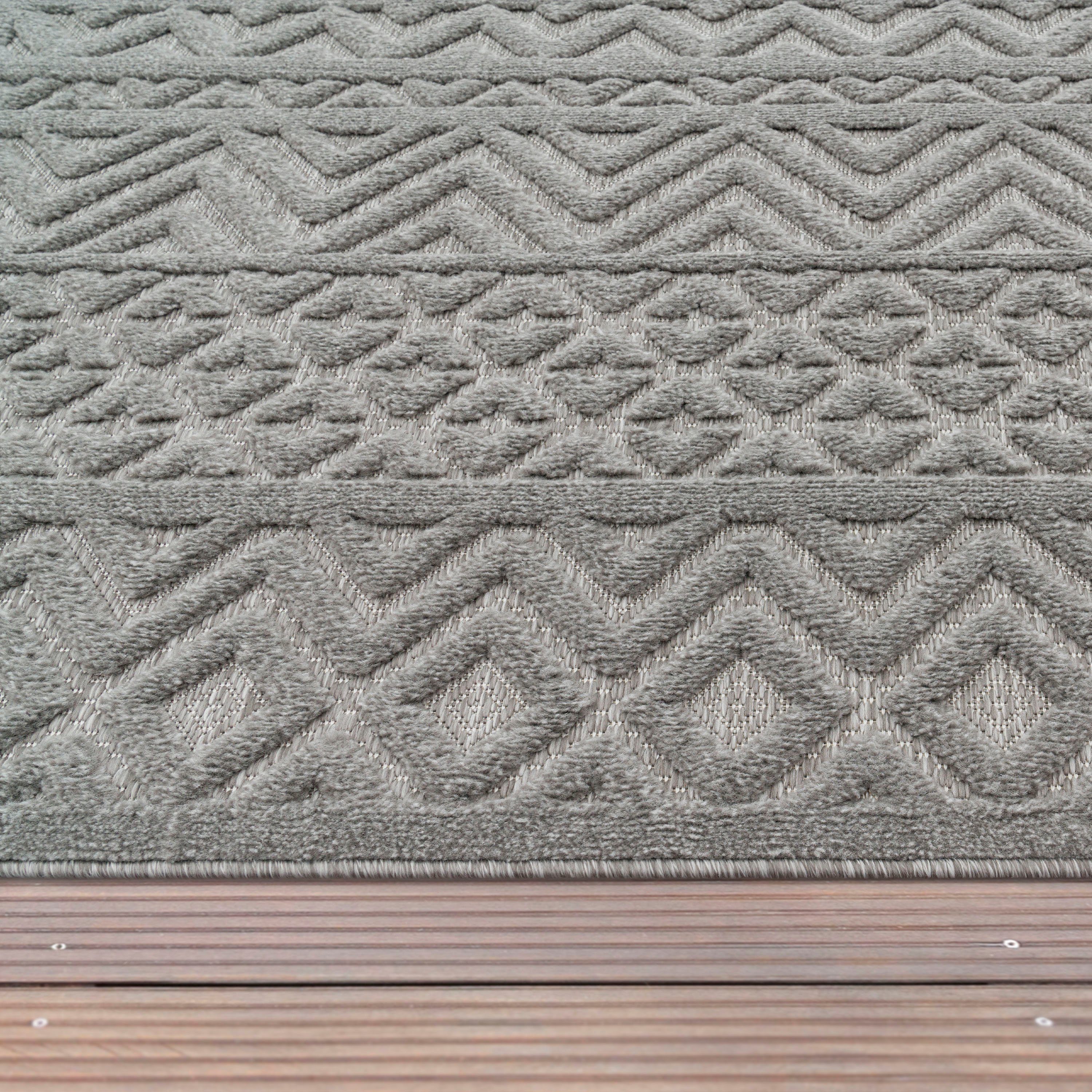 Teppich Livorno 673, Paco Home, 14 grau mm, rechteckig, geeignet Muster, Uni-Farben, Scandi, Rauten Hoch-Tief Effekt, Höhe: Outdoor