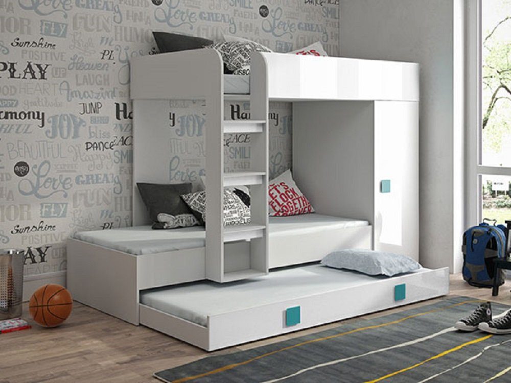 Feldmann-Wohnen Hochbett TOLEDO 2 (Etagenbett mit Kleiderschrank) Farbe wählbar weiß / weiß Hochglanz - Griffe türkis