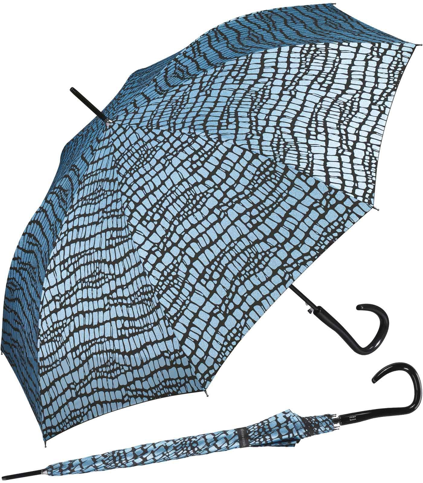 Pierre Cardin Langregenschirm großer Damen-Regenschirm Regenschirm mit für blau-schwarz Auf-Automatik, den Krokodil-Optik
