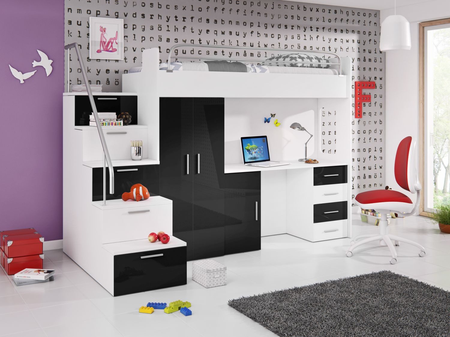 Lukas Möbel Hochbett Hochbett Alice Hochglanz mit Farbauswahl Hochglanz-Fronten