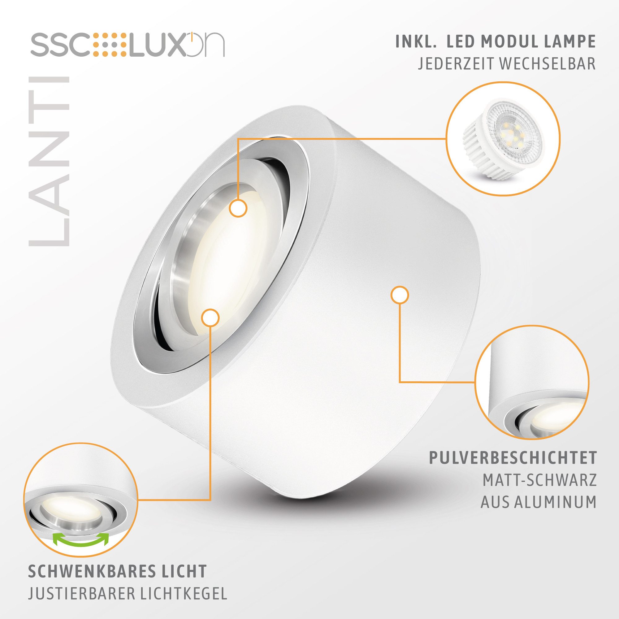 SSC-LUXon LED Aufbaustrahler LANTI Deckenspot rund weiß schwenkbar mit LED Lampe 4W neutralweiß, Neutralweiß