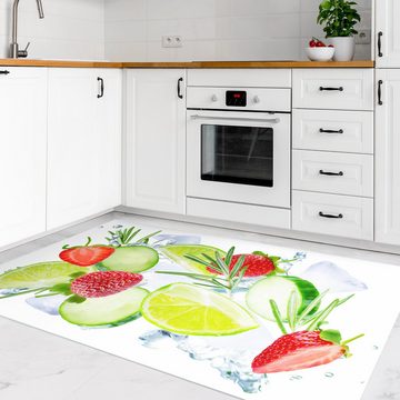 Teppich Küche Vinyl Innen Erdbeeren Limetten Eiswürfel Splash, Bilderdepot24, rechteckig - weiss glatt, nass wischbar (Küche, Tierhaare) - Saugroboter & Bodenheizung geeignet
