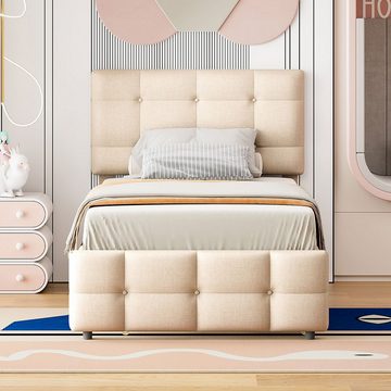 Merax Polsterbett 90x200cm mit verstellbarem Kopfteil und Lattenrost, Einzelbett mit ausziehbarer Liegefläche 90x190cm, Kinderbett gepolstert