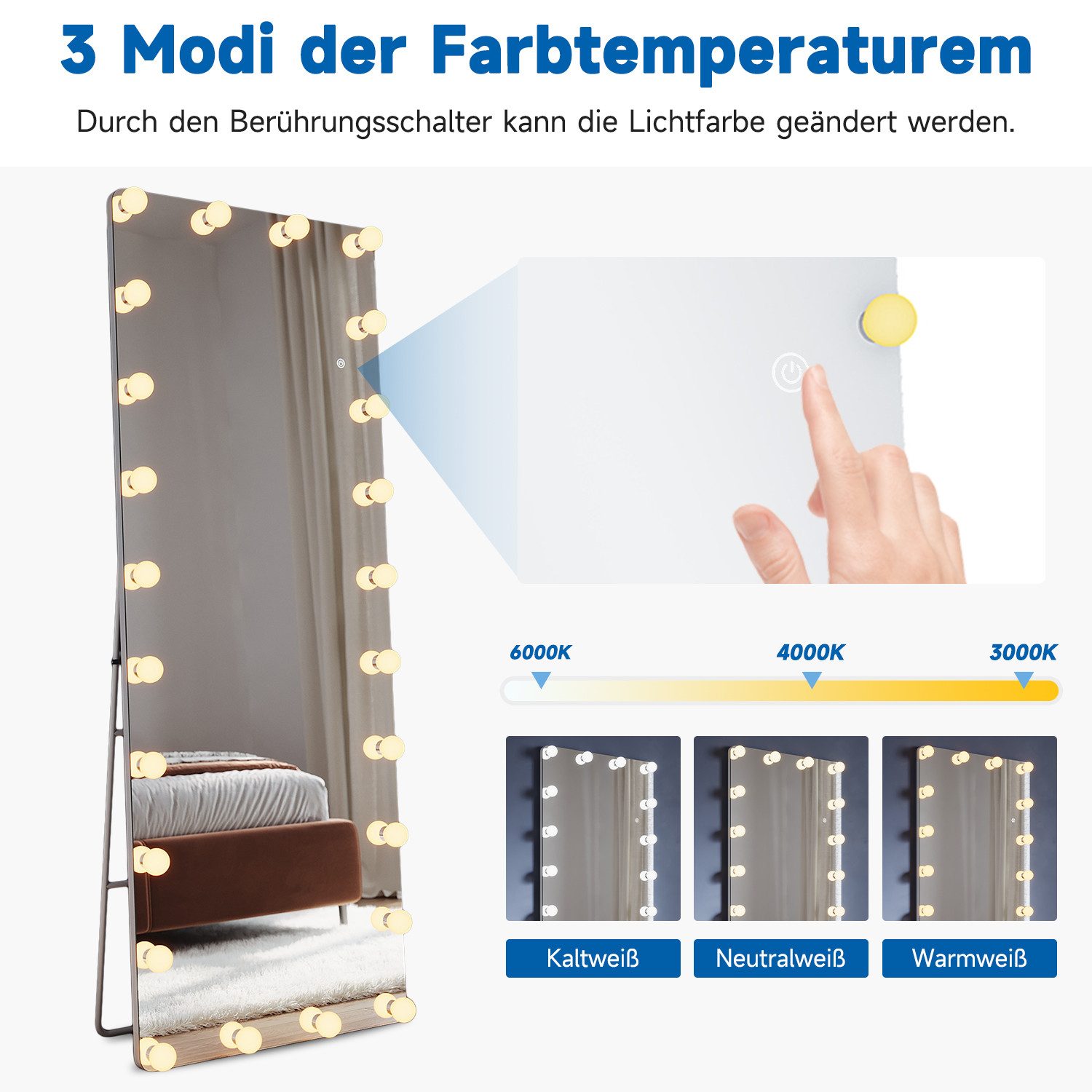 SONNI Wandspiegel Ganzkörperspiegel mit LED Beleuchtung,BxH:600x1600mm, in 3 Farben – Bild 4 von 5