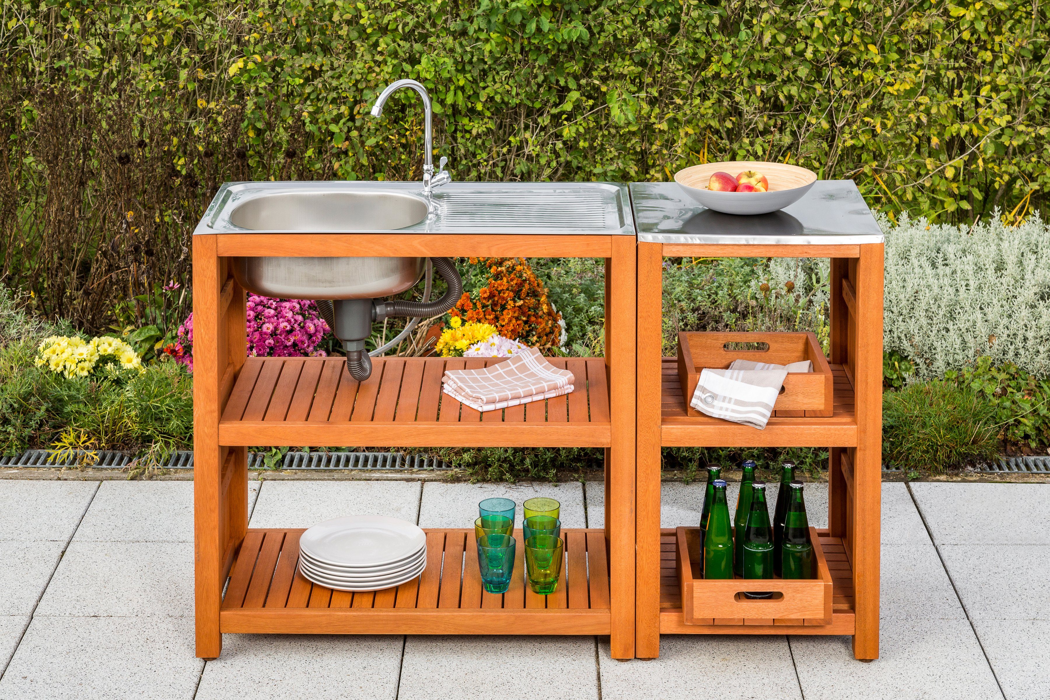 MERXX Gartentisch, Mit Sideboard sowie Edelstahlplatte und zwei Boxen | Tische