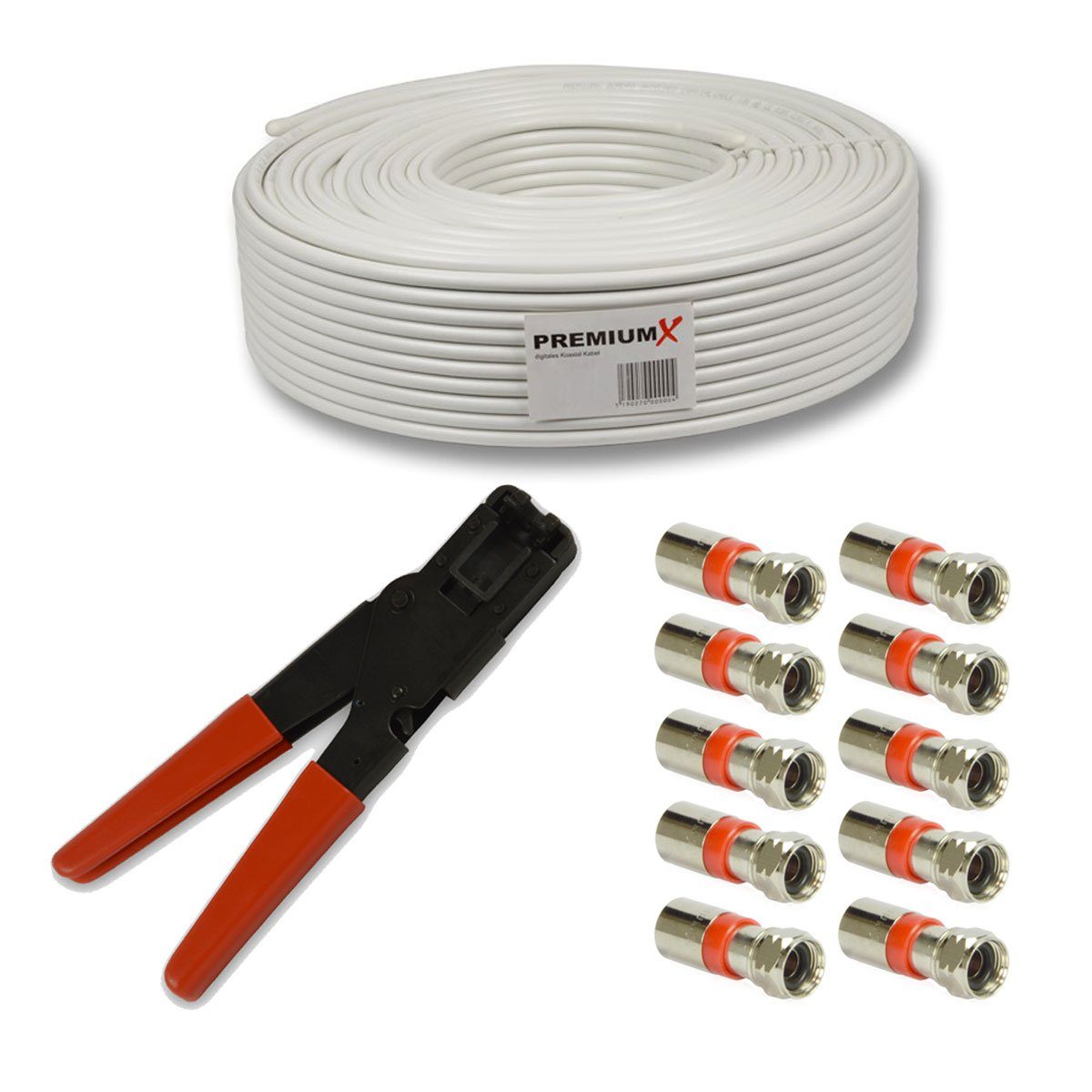 PremiumX 50m BASIC Koaxialkabel 135dB SAT Presszange 10x Kompressionsstecker SAT-Kabel | SAT-Kabel