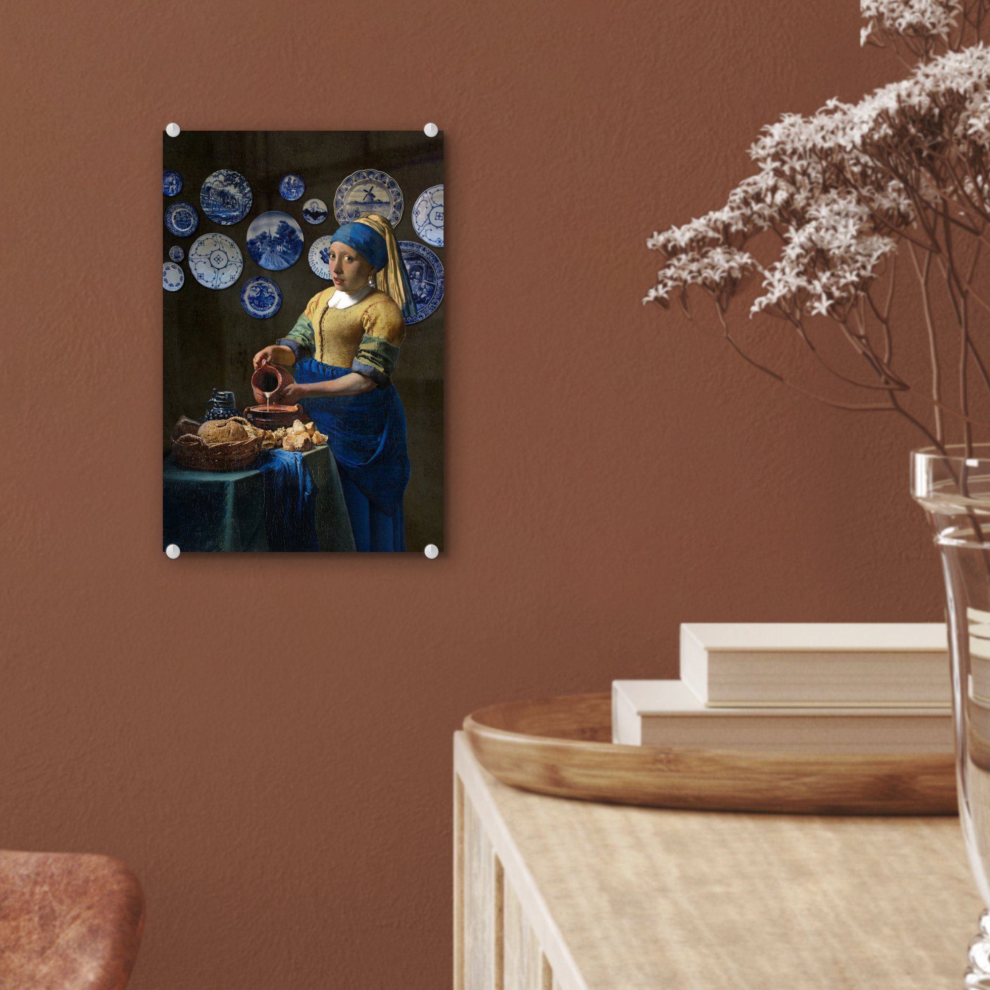 MuchoWow Acrylglasbild Das Bilder Glas Wandbild mit - Milchmädchen Glas auf - Glasbilder Vermeer, - Mädchen (1 - dem Perlenohrring Foto Wanddekoration St), auf 
