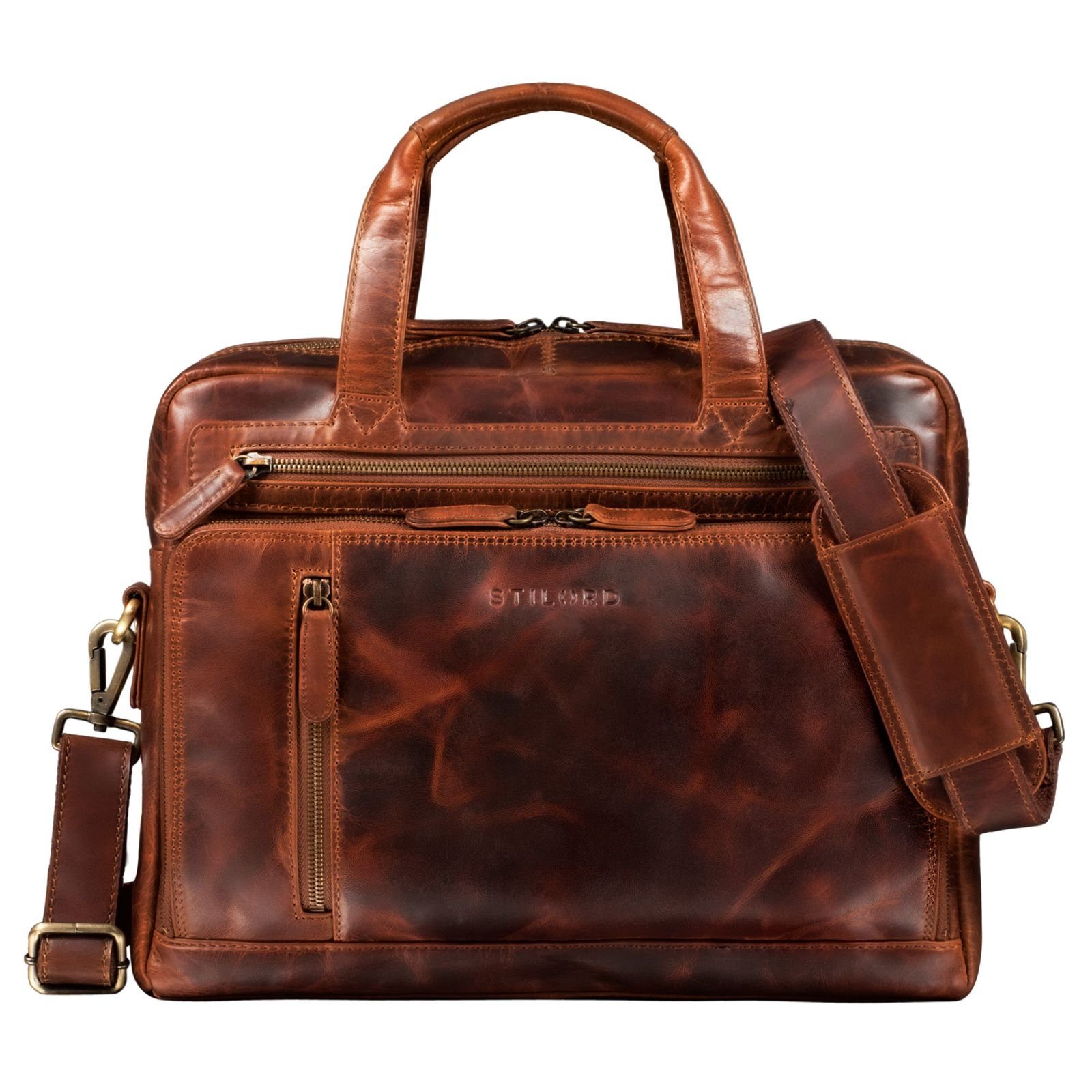 - "Avery" kara Ledertasche STILORD Laptoptasche cognac Umhängetasche