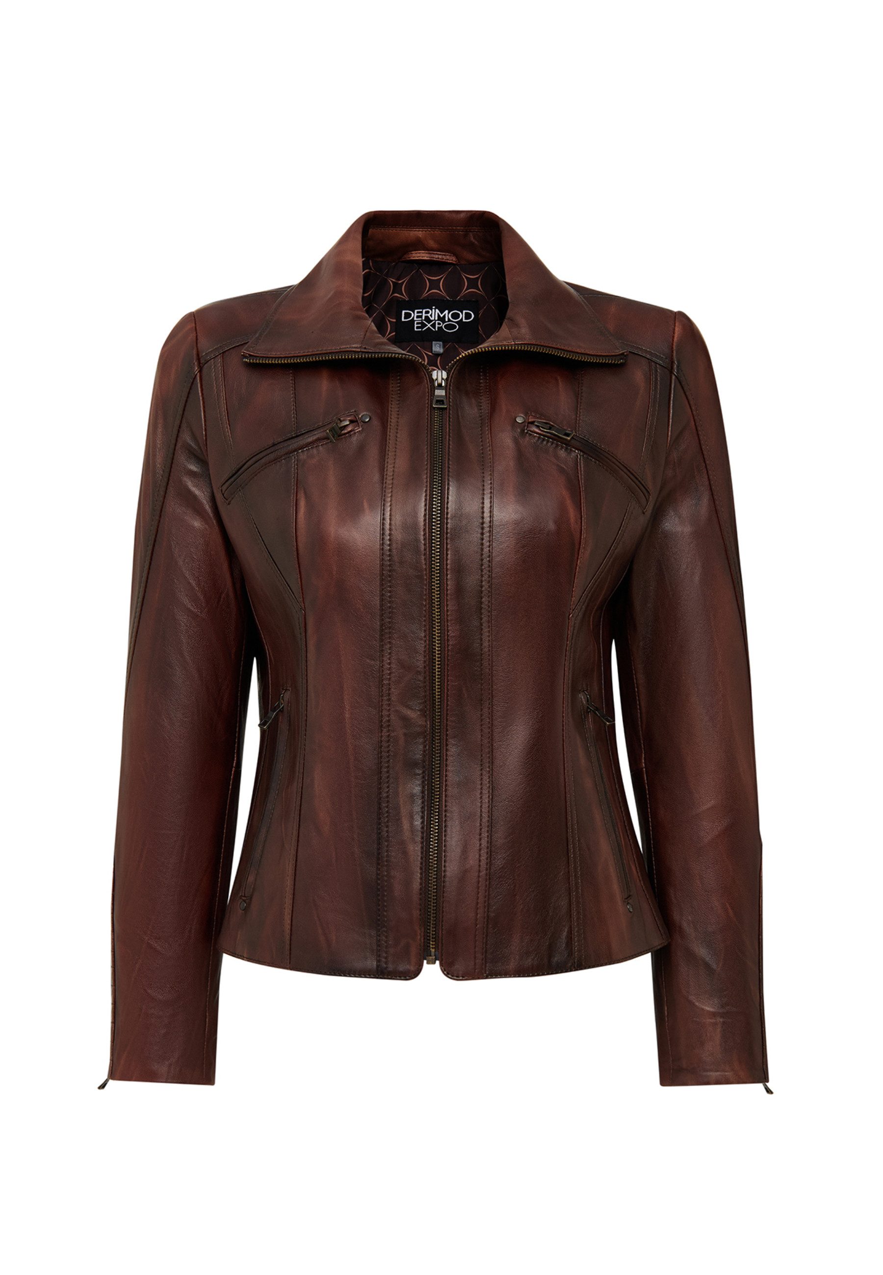 Derimod Lederjacke Janet Kurze Lederjacke Regular Fit, Reißverschluss, Umlegekragen, Kurz, Textilfutter