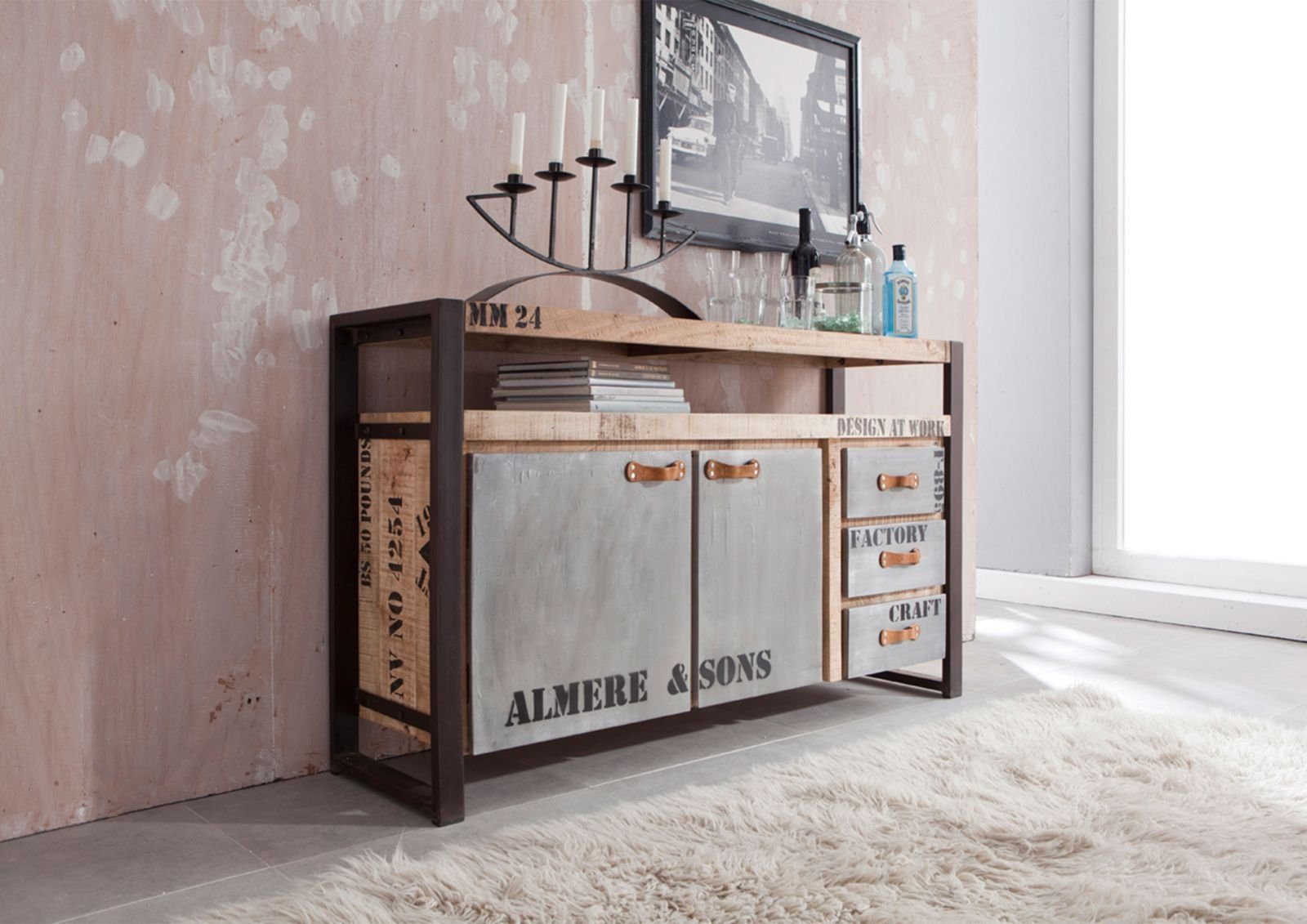 Massivmoebel24 Sideboard FACTORY (Massivholz), Sideboard Mango 145x40x85 natur bedruckt FACTORY #143
