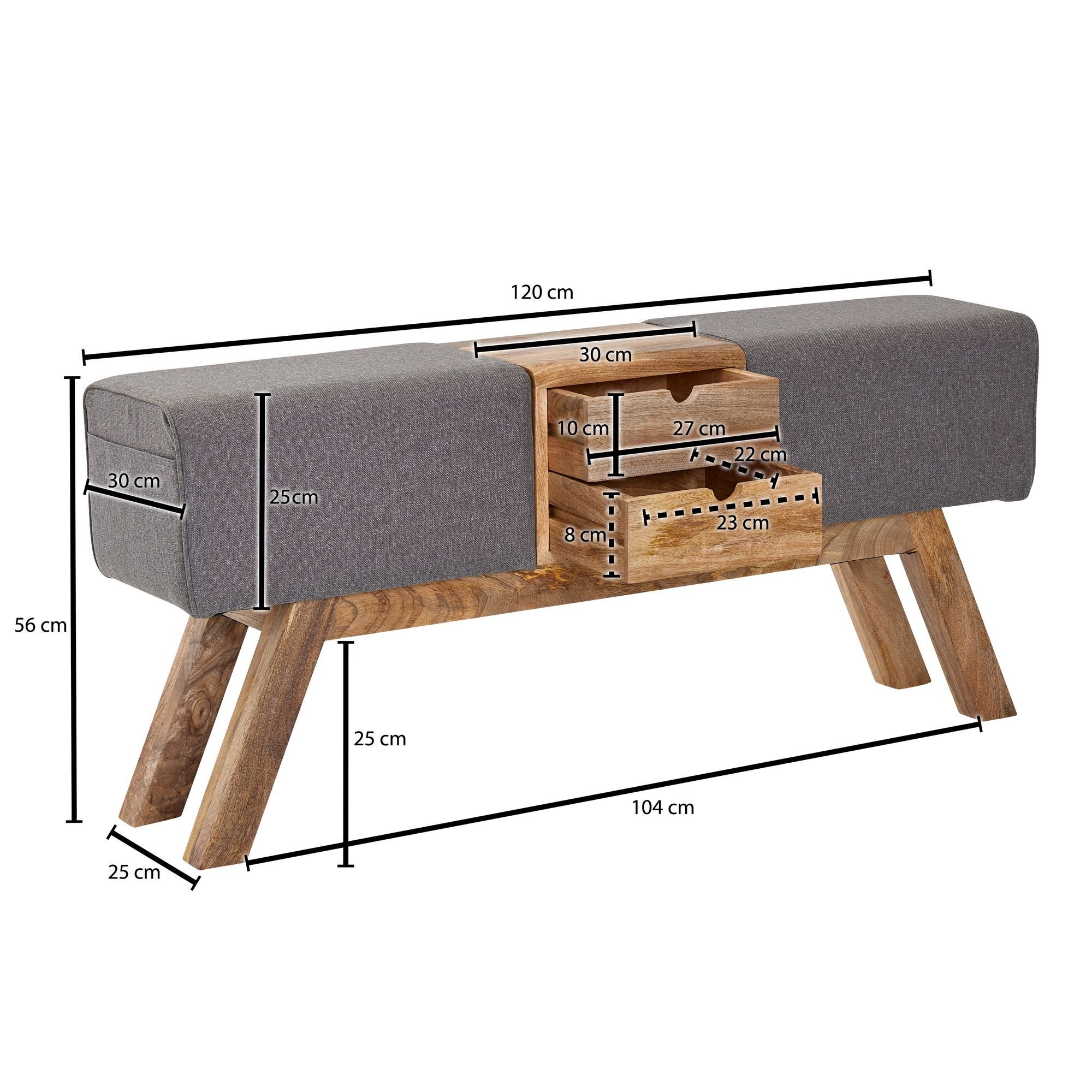 FINEBUY Sitzbank FB72064 Turnbock Stoff 120 cm Grau Springbock Stauraum Turnhocker (Stoff / Massivholz Bank 120x56x30 cm Retro), Flur Polsterbank mit Stauraum, Stoffbank Grau