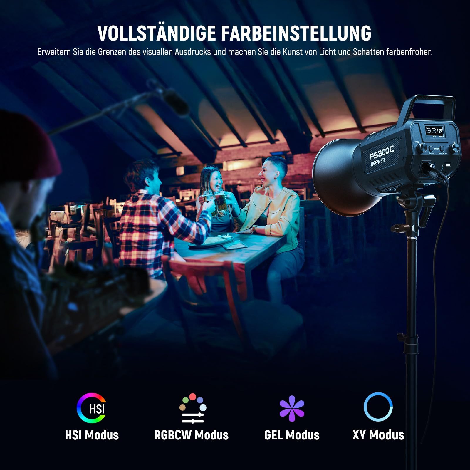 Neewer Videoleuchte FS300C 300W RGB LED Videolicht, mit APP/2.4G Steuerung, Bowens Mount, 17 Effekte, 29000lux/1m, COB Dauerlicht für Studiofotografie