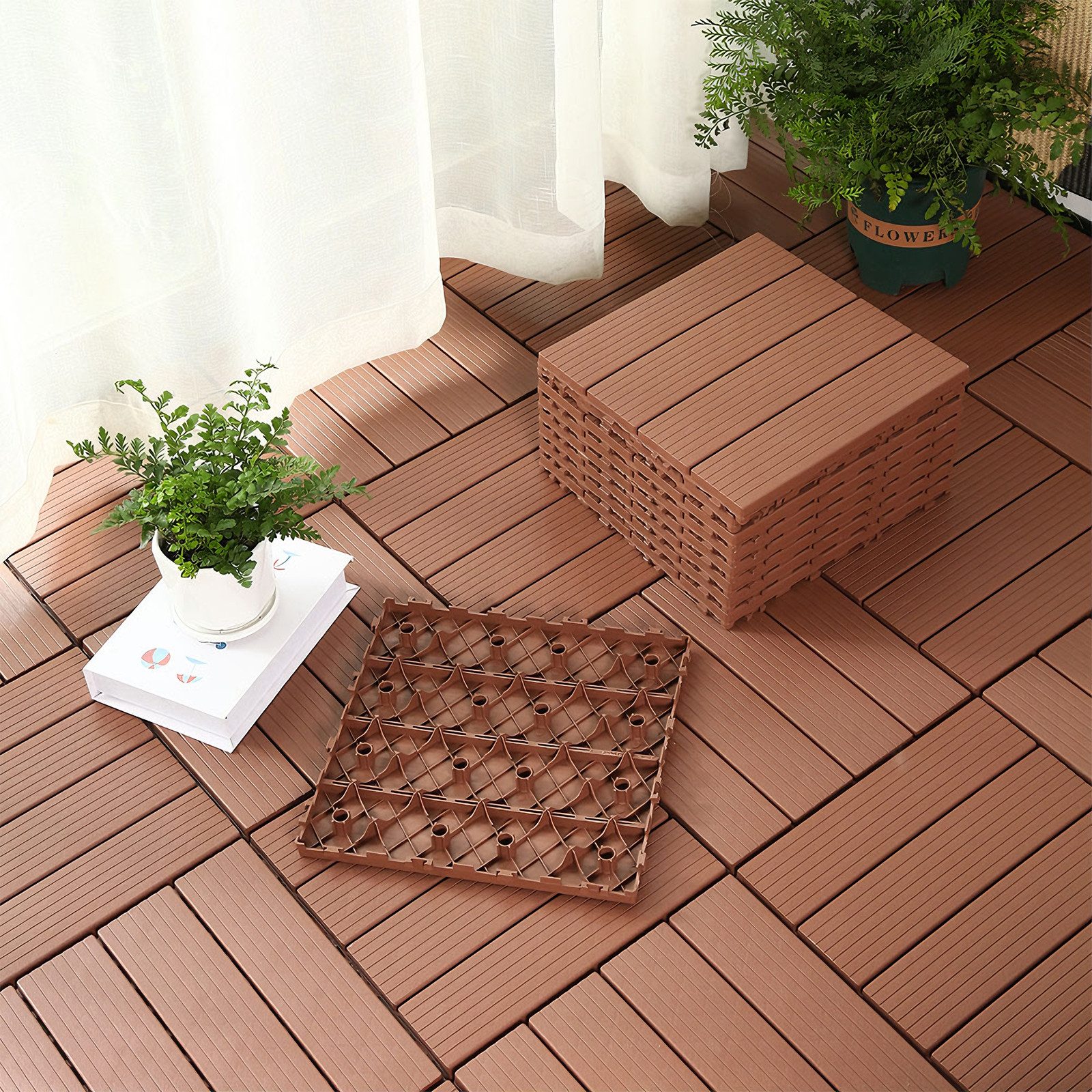 PFCTART Terrassendielen Terrassenfliesen mit Klicksystem, Kunststoff Bodenfliesen, 4,09 m², BxL: je 30.48x30.48 cm, 20 mm Stärke, (Set, 44-St., 30,48×30,48 cm, für Balkon, Terrasse, Garten & Innenbereich), Einfache Installation, wetterfest & pflegeleicht, Rutschfest