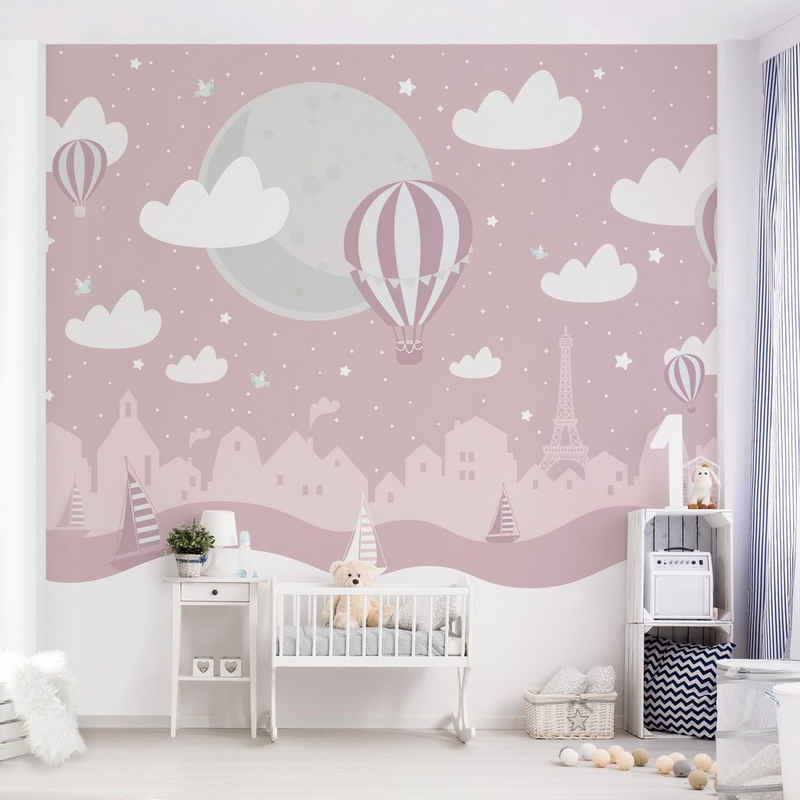 Bilderdepot24 Kindertapete Kinderzimmer Paris Sterne Heißluftballon Rosa Kinder Wanddeko, Glatt, Matt, (Inklusive Gratis-Kleister oder selbstklebend), Mädchenzimmer Jungenzimmer Babyzimmer Bildtapete Fototapete Wandtapete