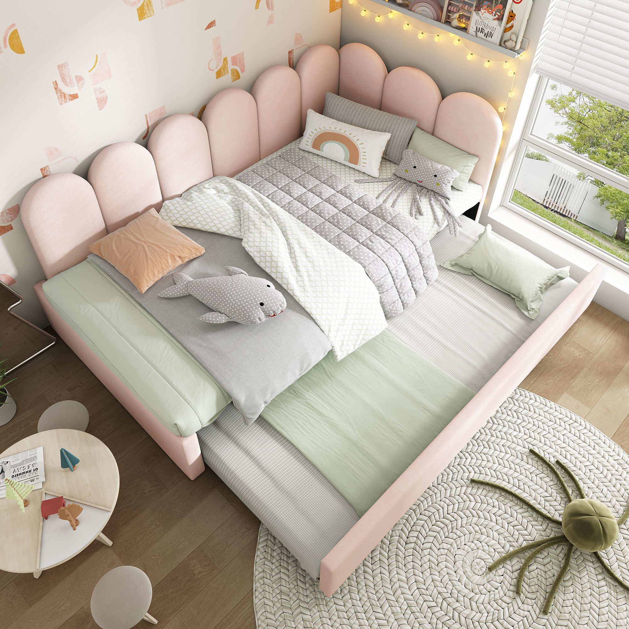 HAUSS SPOLE Polsterbett Daybett 90x200cm mit Ausziehbett 90x190cm, Samt, Rosa, ohne Matratze