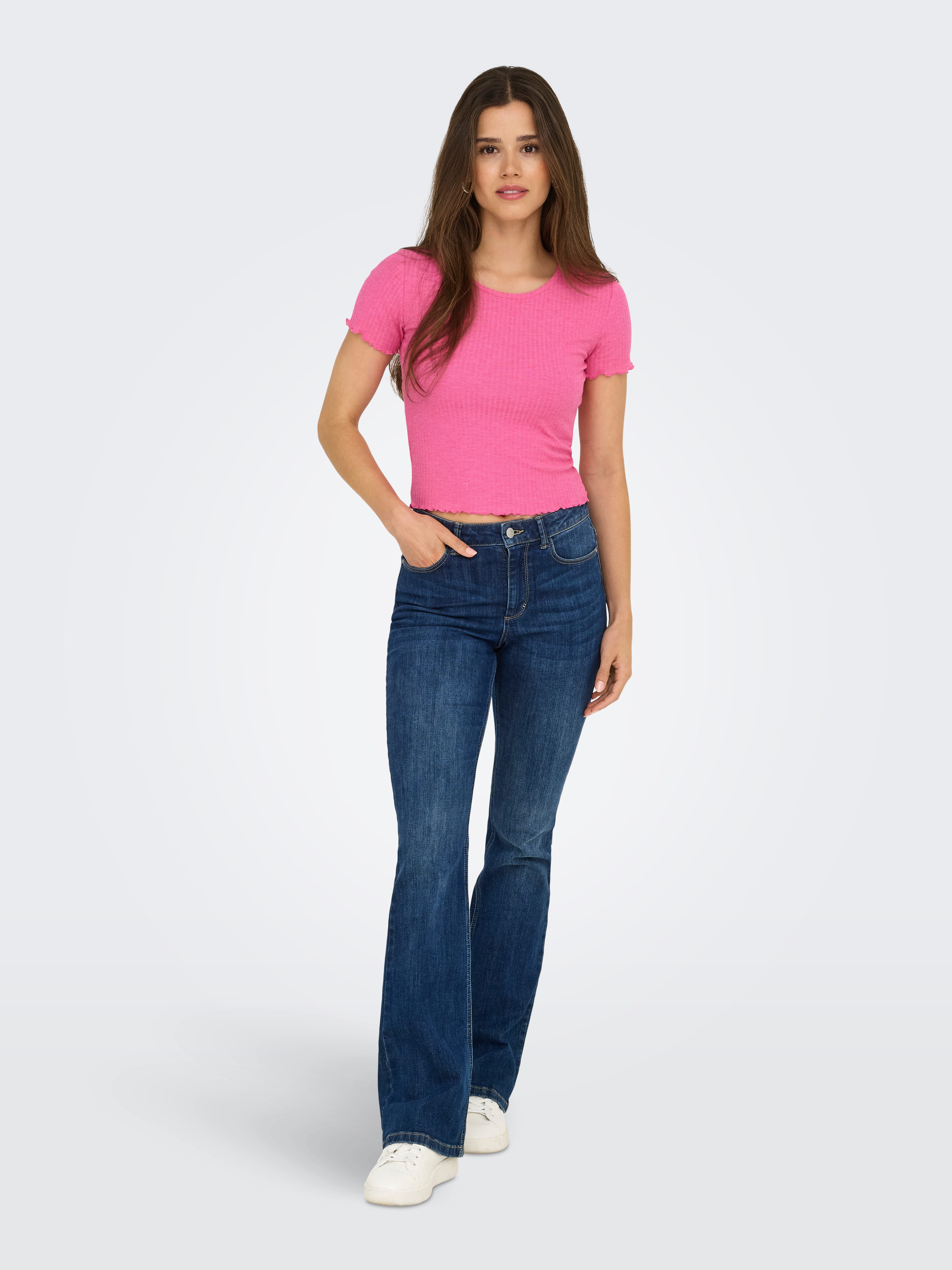 ONLY Rundhalsshirt ONLEMMA S/S SHORT TOP NOOS JRS Rundhals, modisch, regular fit, gewellter Abschluss, unifarben
