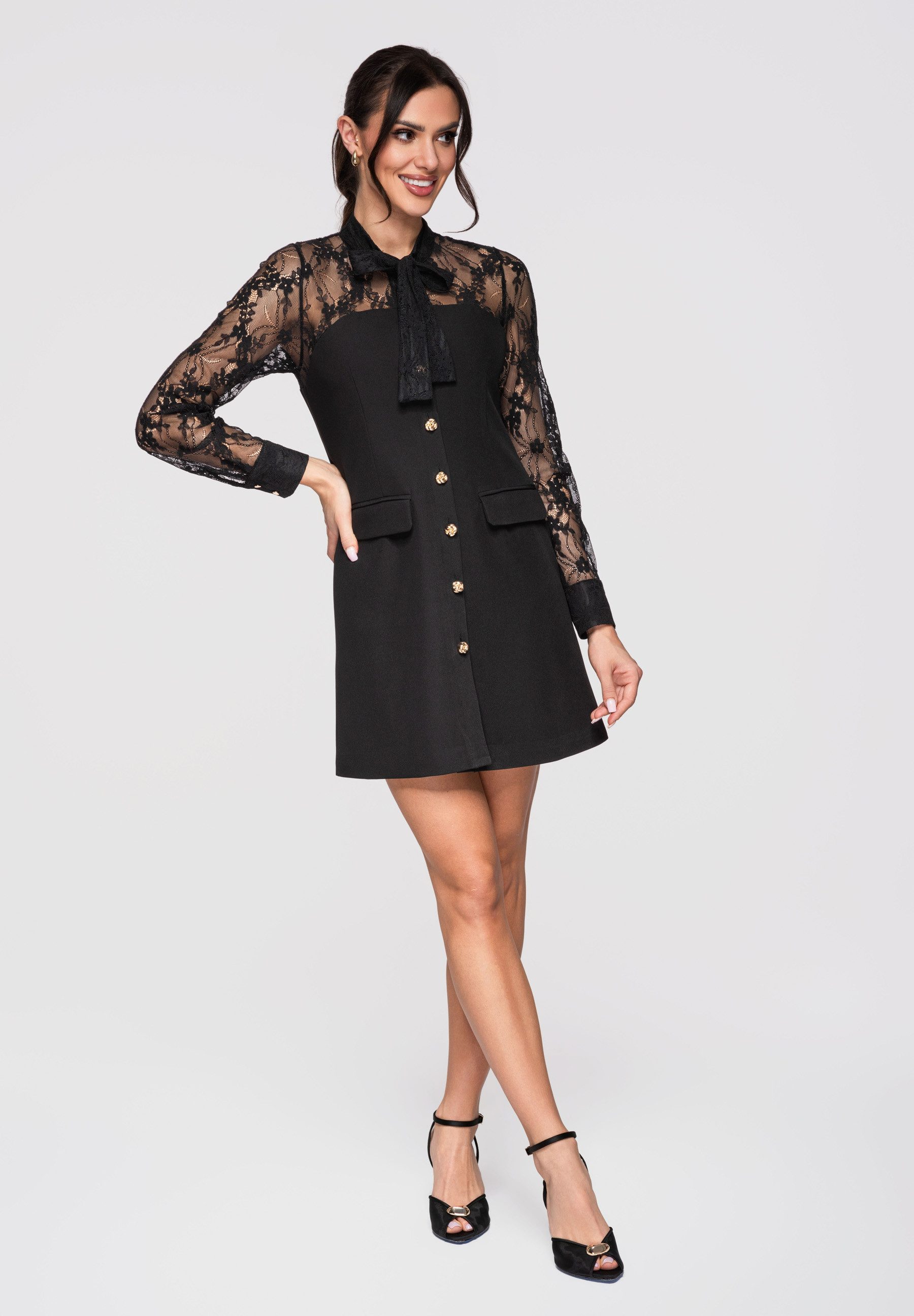 OMBRE Abendkleid Damen Mini Kleid Spitze Elegant Schwarz M (kein Set, 1-tlg) Spitze, transparente Ärmel, dekorative Knöpfe