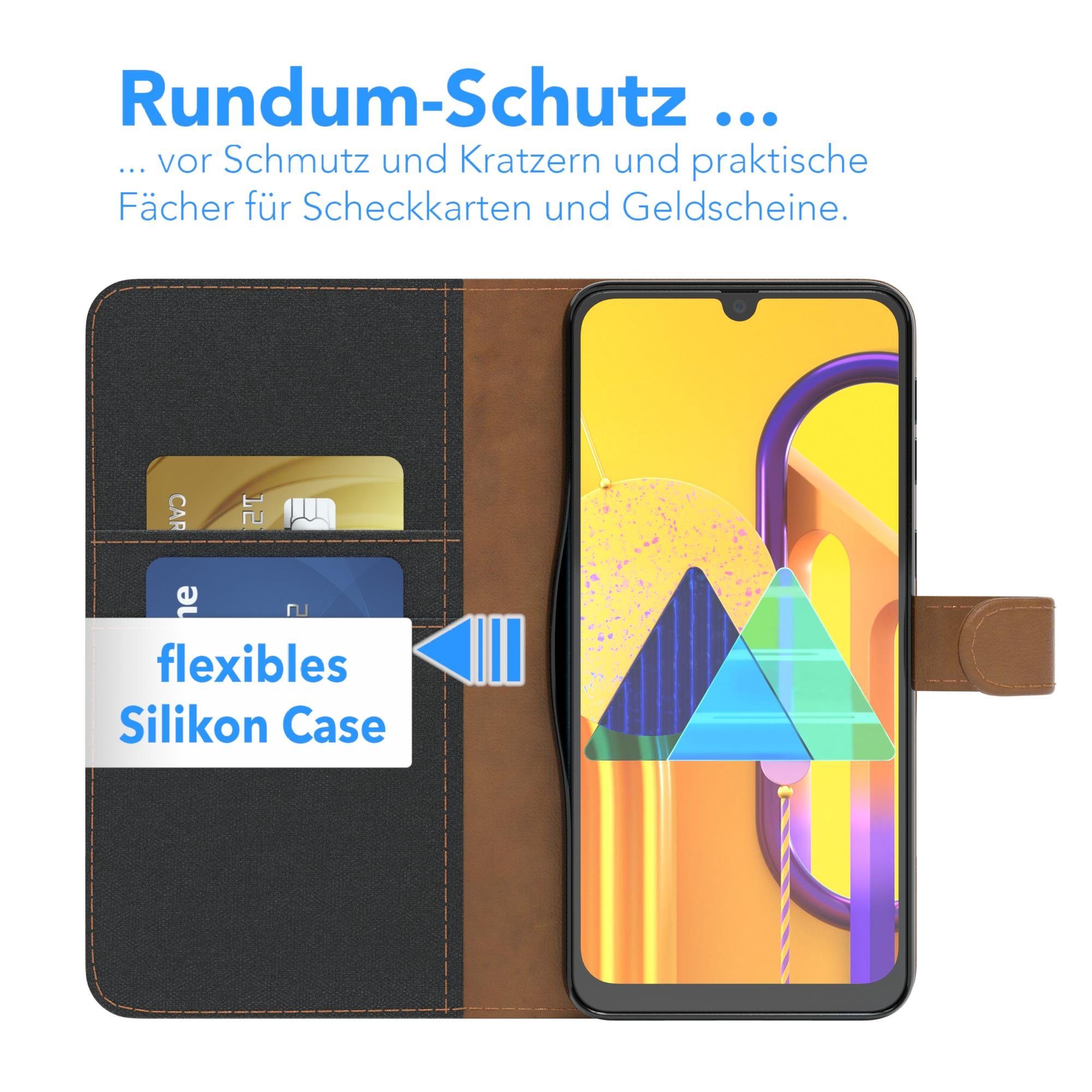 EAZY CASE Handyhülle Bookstyle Jeans für Samsung Galaxy M30s / M21 6,4 Zoll, Handytasche Jeans mit Standfunktion und Visitenkartenfach Schwarz