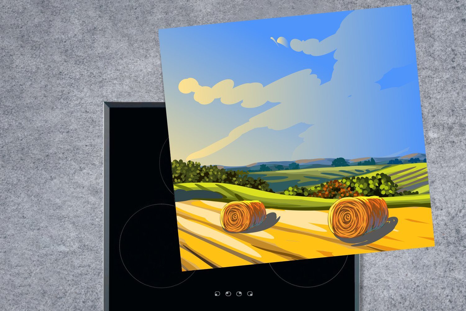 78x78 Vinyl, sonnigen Feld, MuchoWow Illustration Ceranfeldabdeckung, Eine tlg), Herdblende-/Abdeckplatte von Arbeitsplatte küche auf Heuballen einem (1 cm, für