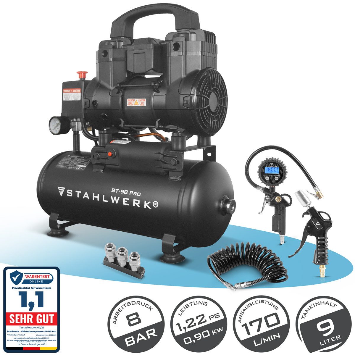 STAHLWERK Kompressor Kompressor ST-98 Pro Vollausstattung, 900 W, 9 l, 1-tlg.