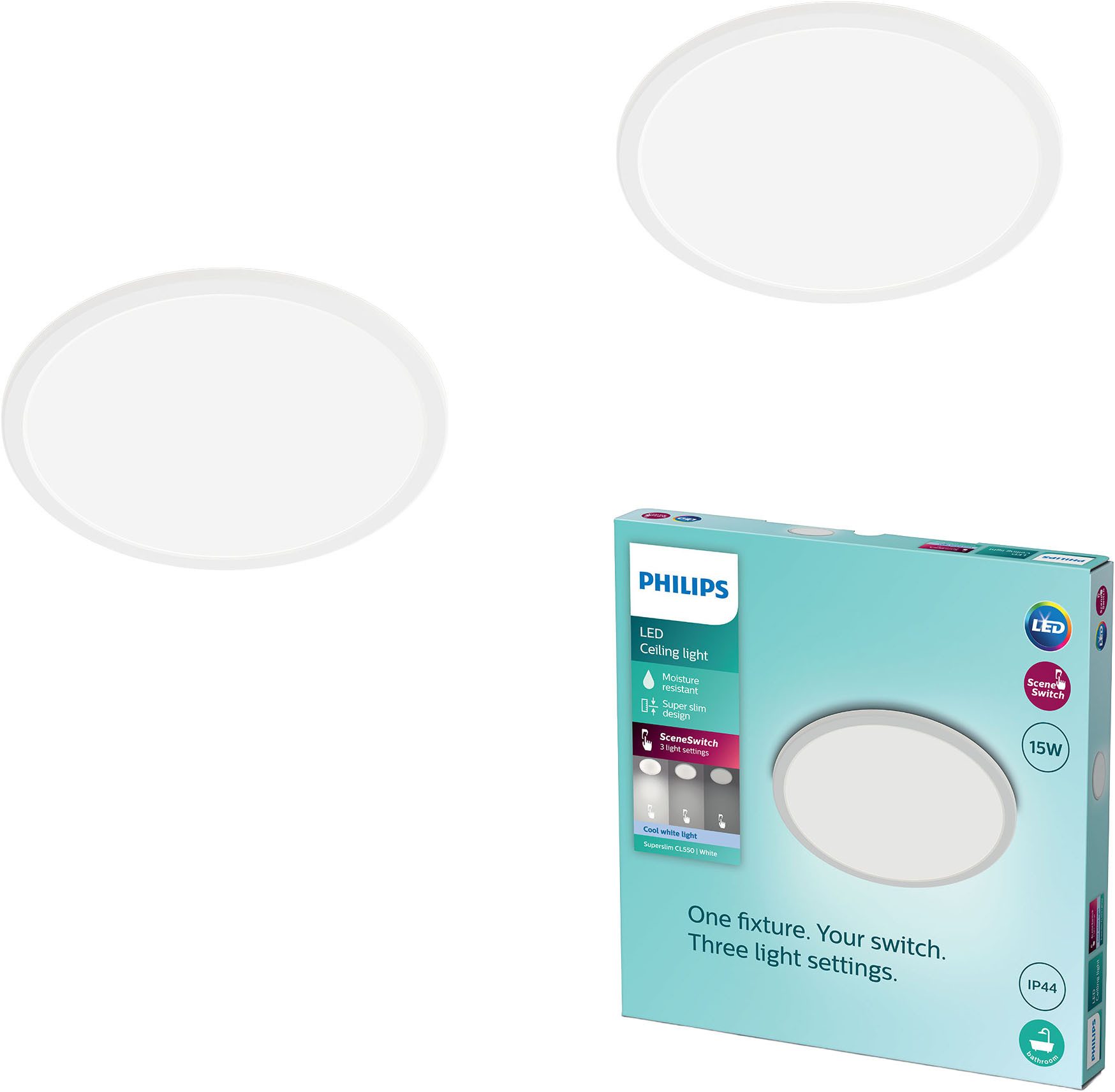Philips LED Deckenleuchte Multipack 2x Superslim 3-in-1 CL550, IP44, 2700K, Dimmfunktion, Memoryfunktion, dimmbar über Fernbedienung, mehrere Helligkeitsstufen, LED fest integriert, Neutralweiß, Warmweiß, SceneSwitch, warmweiß, LED, dimmbar mit Lichtschalter