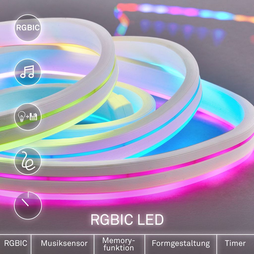 Briloner Leuchten LED-Streifen Neon LED Strip RGB IC Farbwechsel Fernbedienung Musiksensor, 1-flammig, 3 m, Wohnzimmer, Party, Gaming