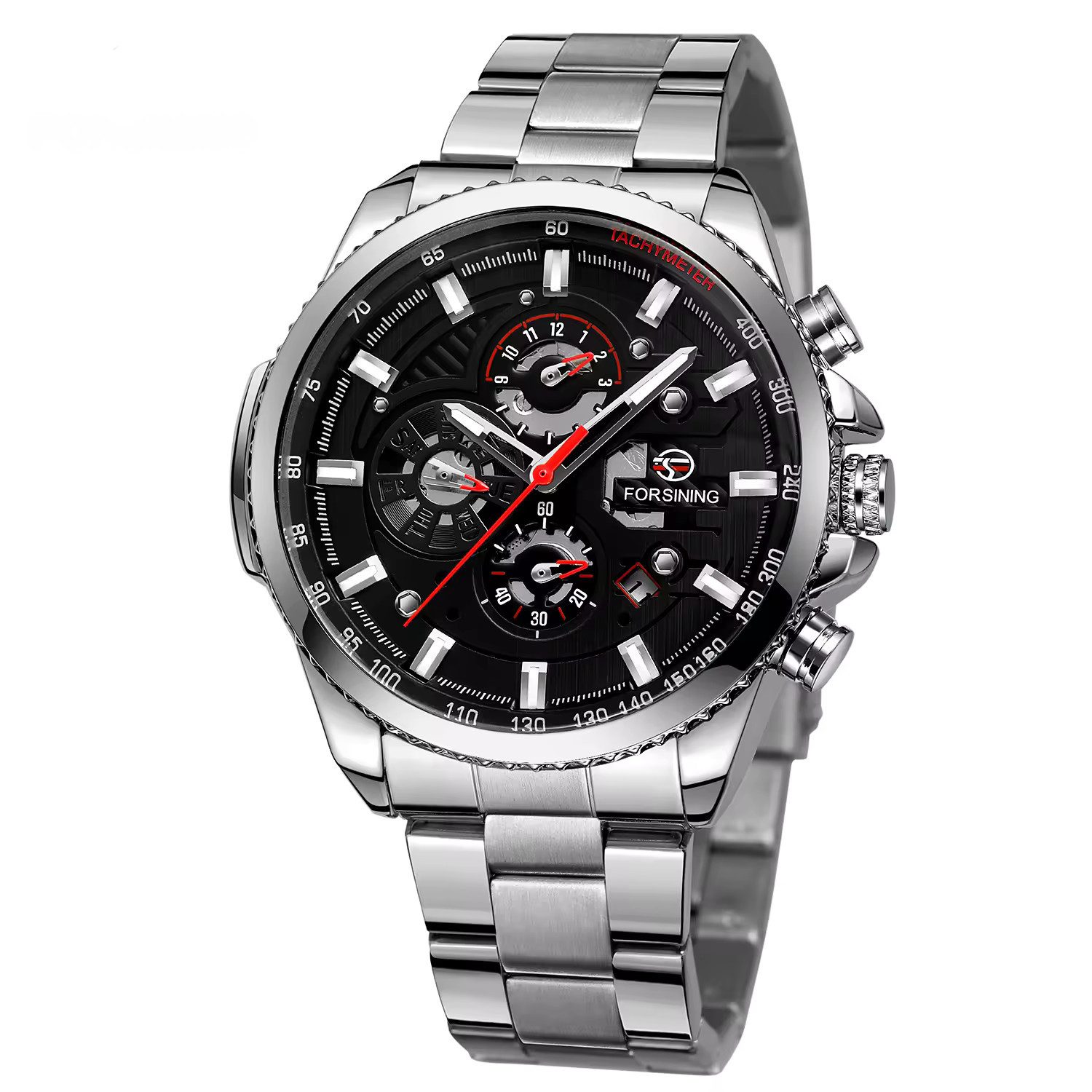 Rötting Design Automatikuhr Herrenuhr Armbanduhr Edelstahl Marke Forsining schwarzes Ziffernblatt, (1-tlg), Datum Wochentag Monats Anzeige