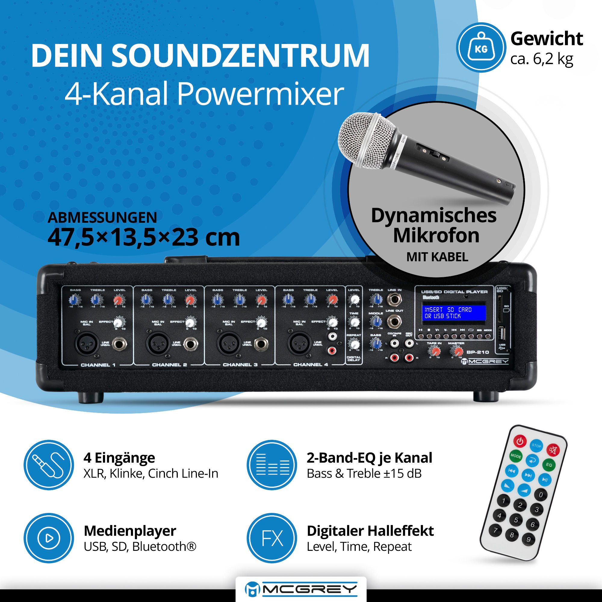 McGrey McGrey BP-210 Bandpack PA-Anlage 100 Watt Lautsprechersystem (Bluetooth, 50 W, inkl. 4-Kanal Powermixer - USB/SD-Slot - Mikrofon, Kabel & Stative) – Bild 4 von 5