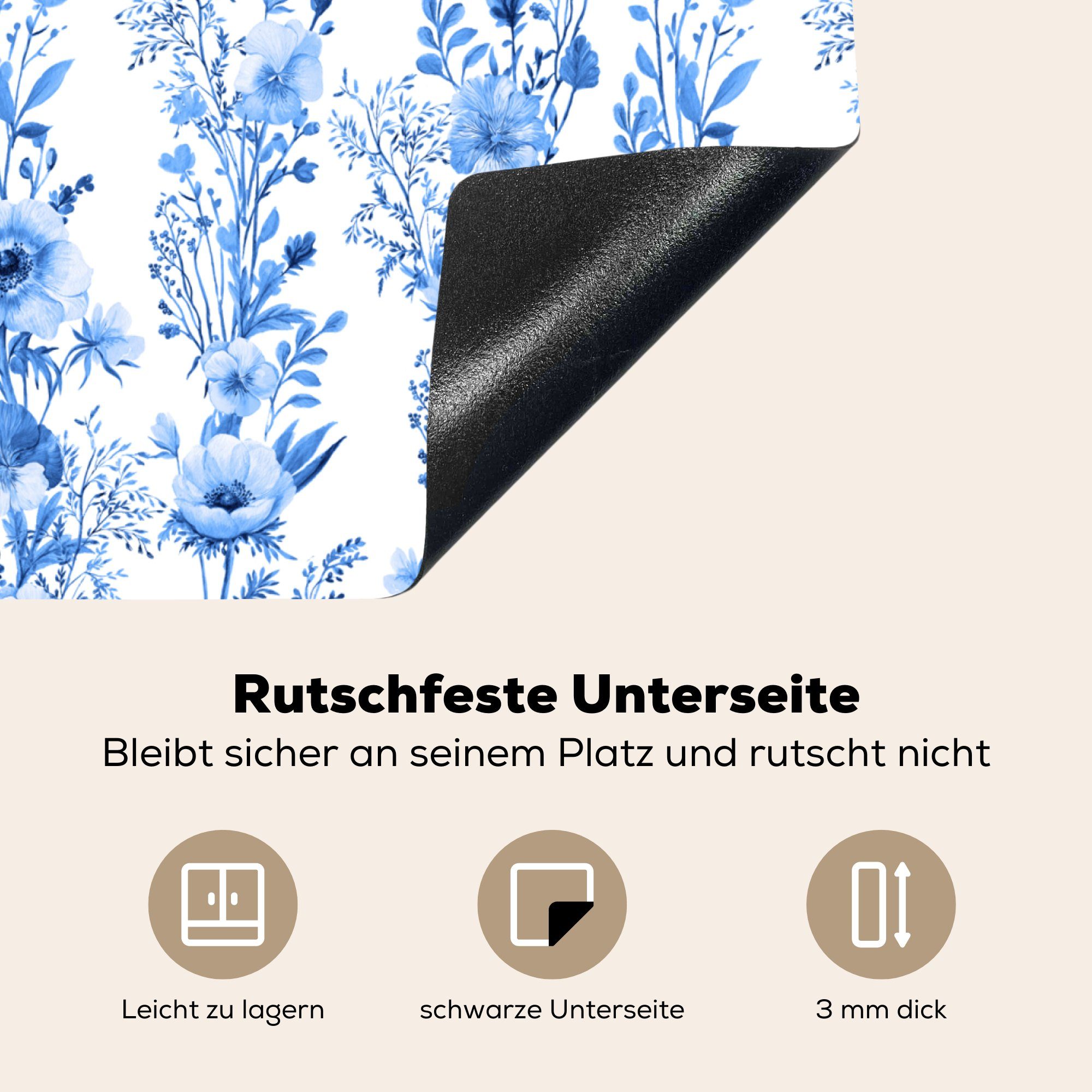 59x52 Muster, Blau Herdblende-/Abdeckplatte Anemone für Blumen - - Induktionsmatte tlg), (1 - cm, küche, Vinyl, Ceranfeldabdeckung die MuchoWow