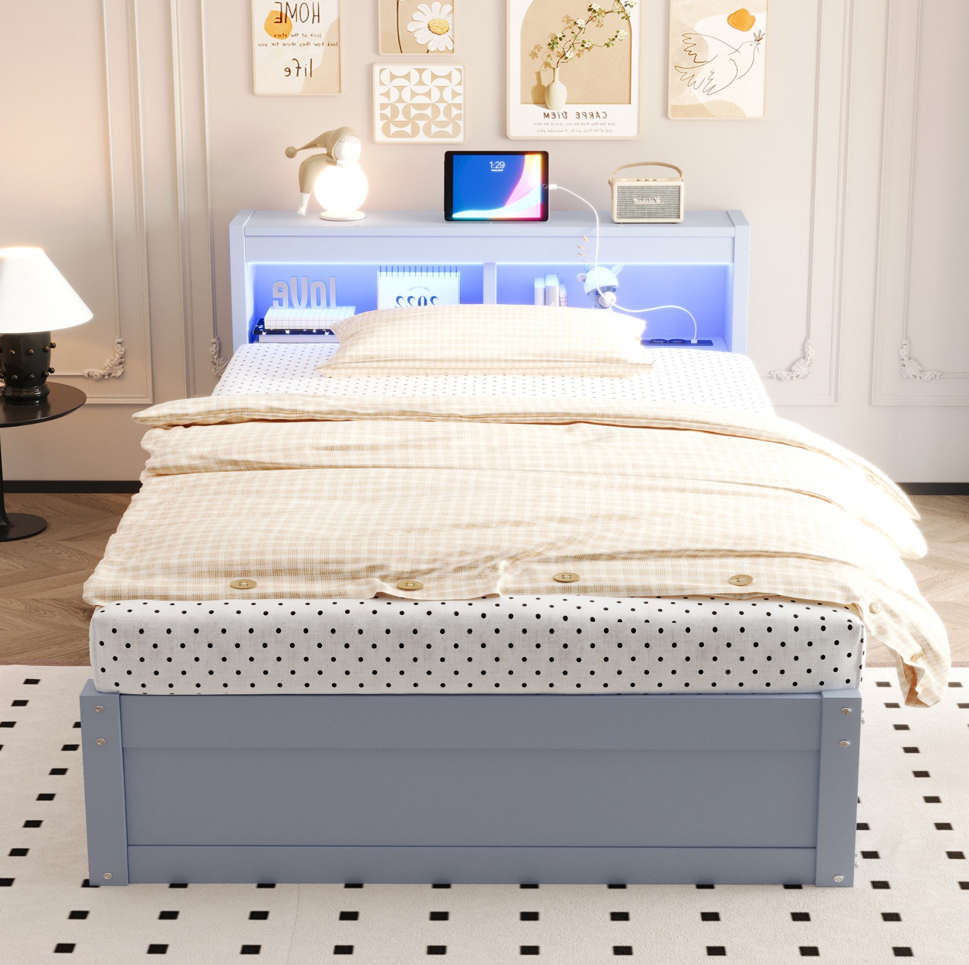 REDOM Schlafsofa Stauraumbett Kinderbett, mit hydraulischer Hebefunktion, Steckdose, 90x200 cm, LED-Lichtstreifen in mehreren Farben und praktischen Stauraumfächern, Einzelbett, ohne Matratze