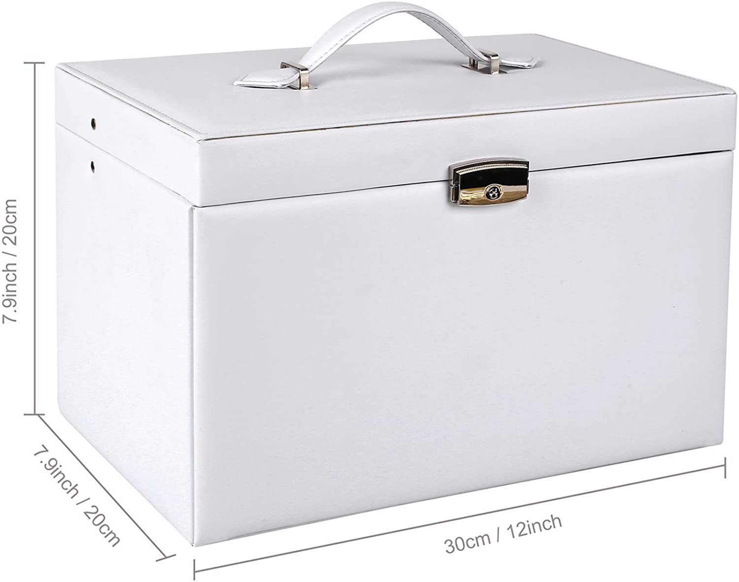 Femor Schmuckkasten, Schmuckkastchen abschließbar Schmuckkoffer mit 3  Schubladen Kosmetikkoffer mit Innenspiegel(Weiß)