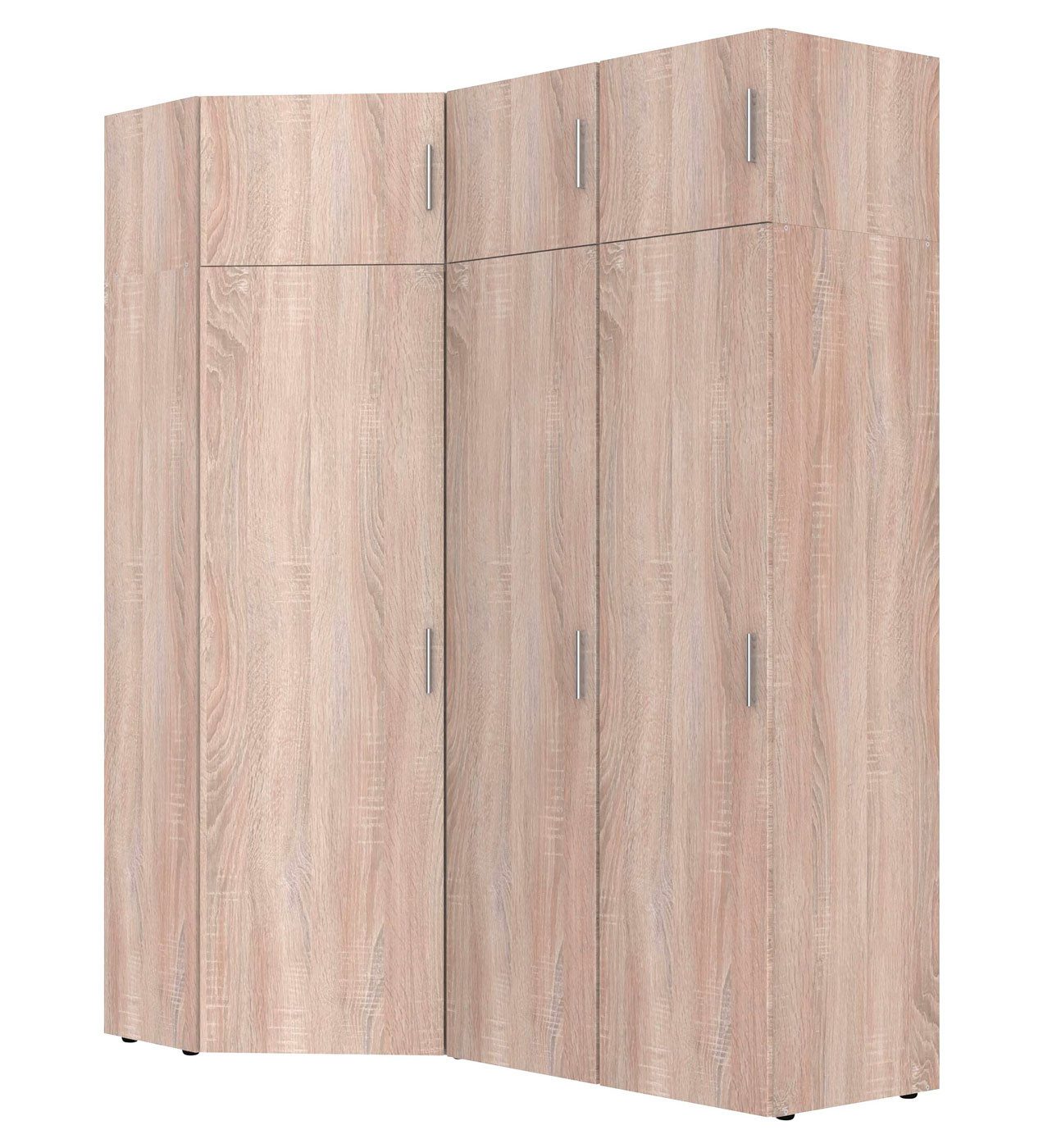 Wimex Kleiderschrank Münster (1x Eckschrank, 2x Kleiderschrank, 2 x Aufsatzschrank, 1x Eckaufsatzschrank, 6-St., Eckschrank-Kombi 6 teilig, alufarbene Griffe) 124x144x225cm 6-teilig / Eiche Sägerau