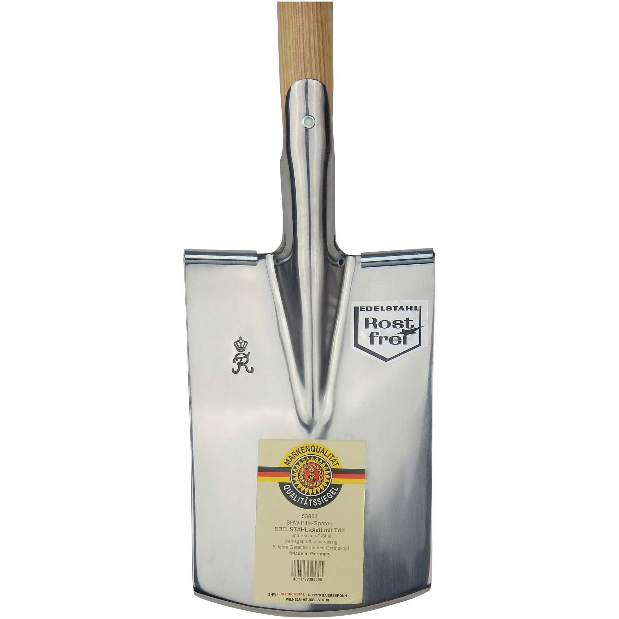 SHW Spaten SHW Filia-Gärtnerspaten Edelstahl 1/1 poliert mit Spatentritt u. Stiel, Rostfreier Edelstahl, ergonomisches Design