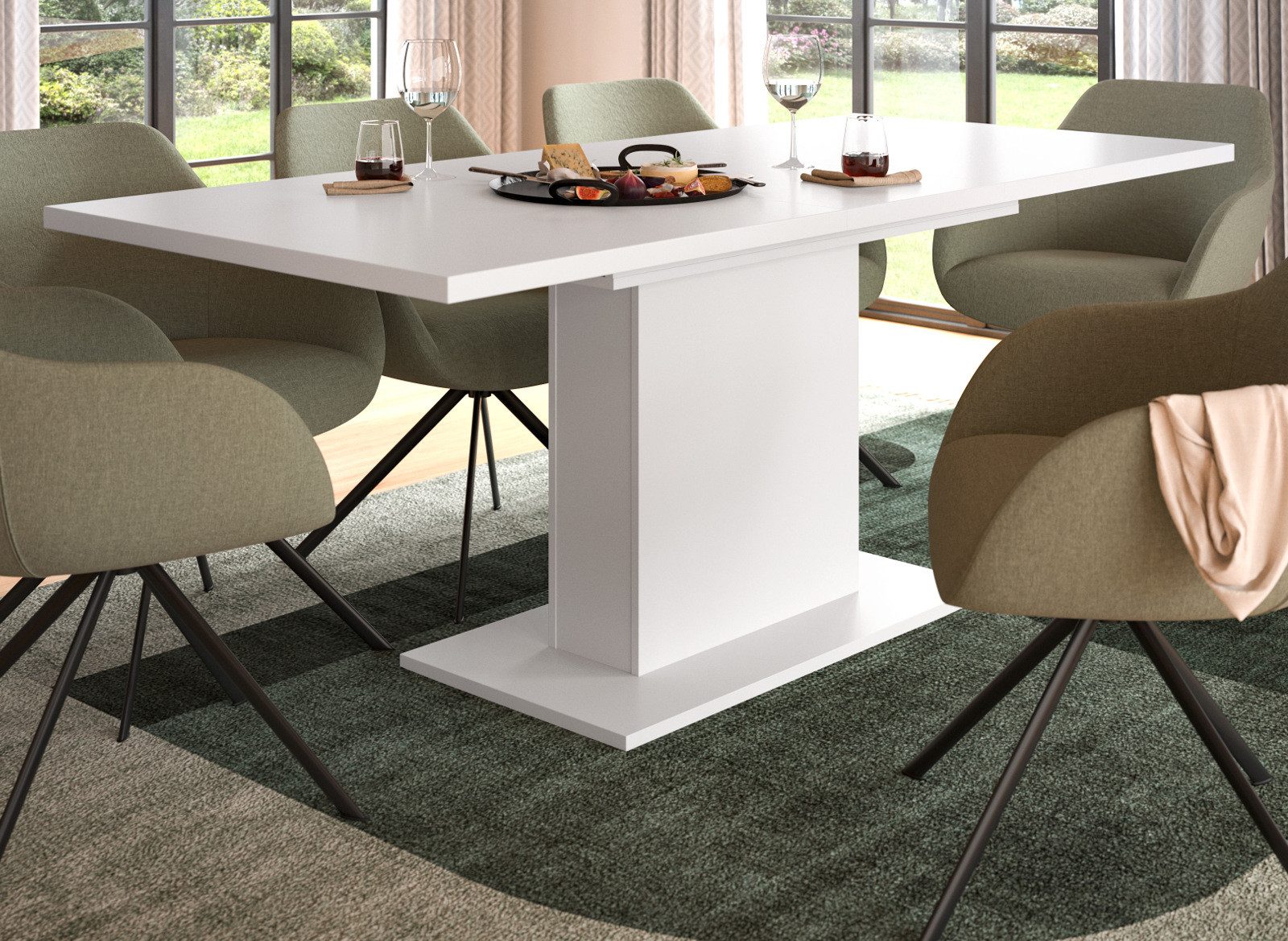 Inn.Furn Säulen-Esstisch Home-X (Küchentisch in mattem Weiß, ausziehbar 150 - 190 cm), Melaminbeschichtet, für bis zu 8 Personen