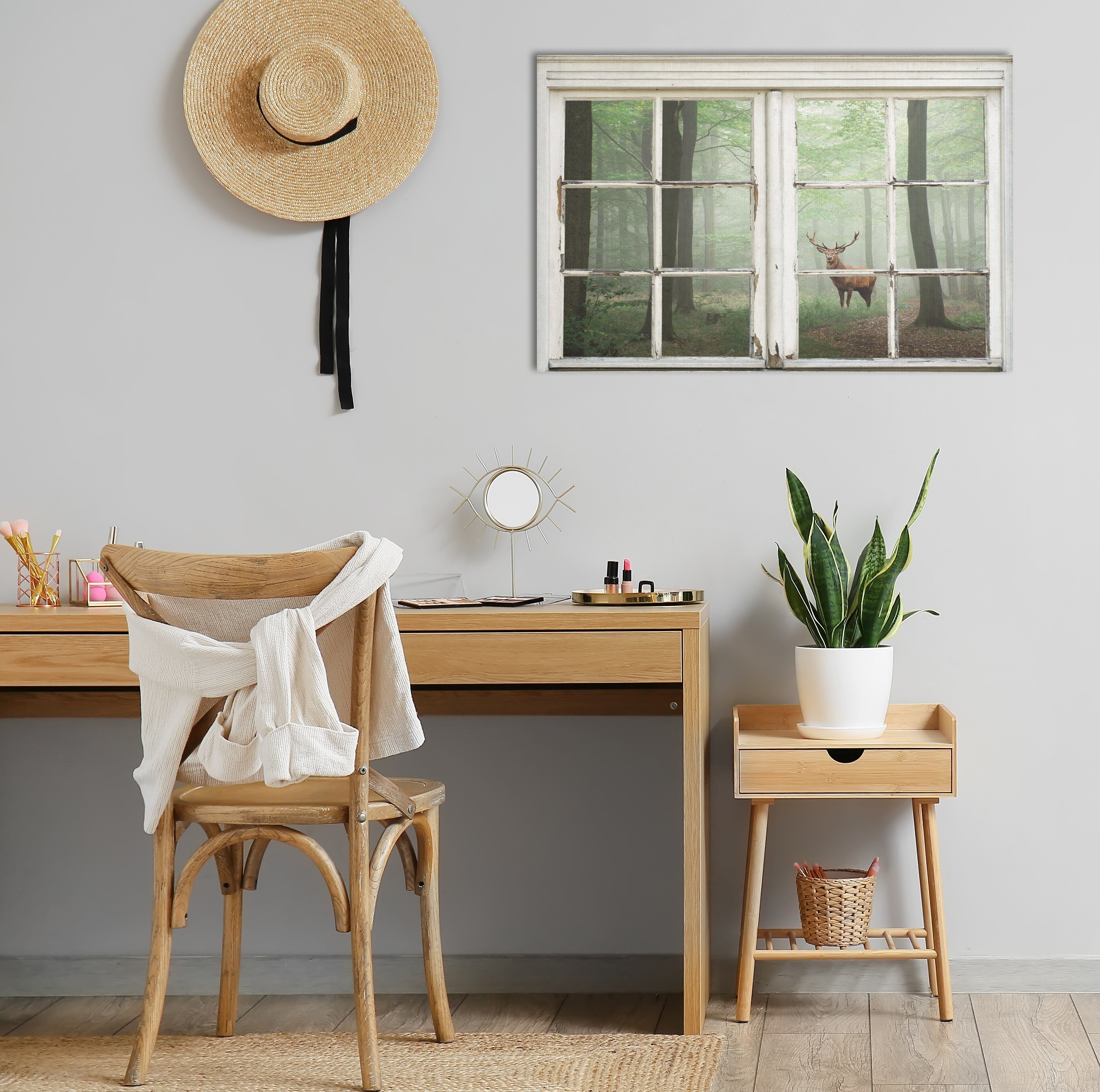 queence Leinwandbild Wald, Bäume, Fensterblick, Hirsch, günstig online kaufen