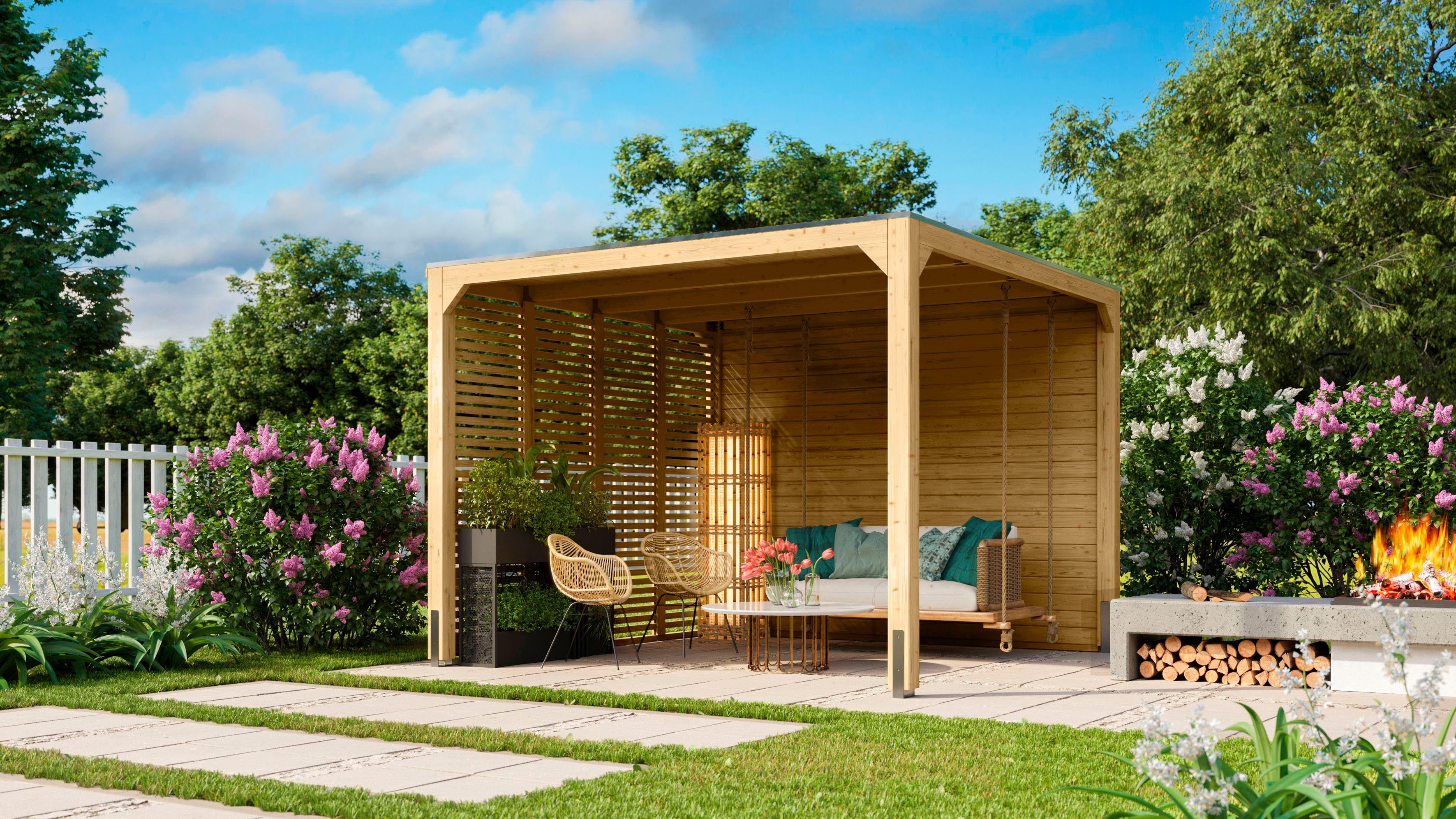 Karibu Holzpavillon Cubus, mit Seiten- und Lamellenwand