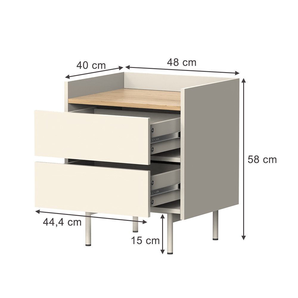 Vicco Nachtschrank Velina, Creme/Eiche, 48 x 58 cm mit 2 Schubladen (1-St)