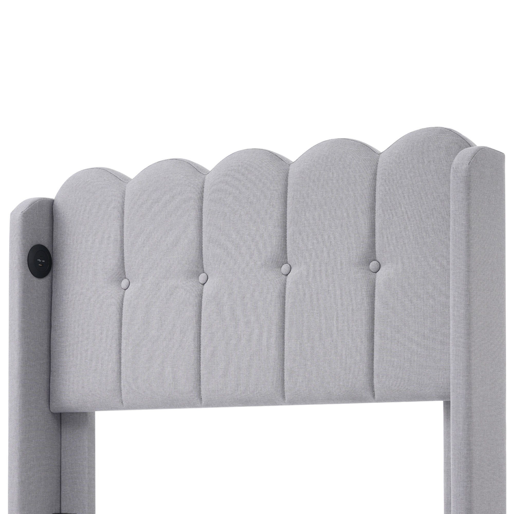 Polsterbett, Einzelbett mit USB Typ C Ladefunktion, 90x200 cm, Leinen