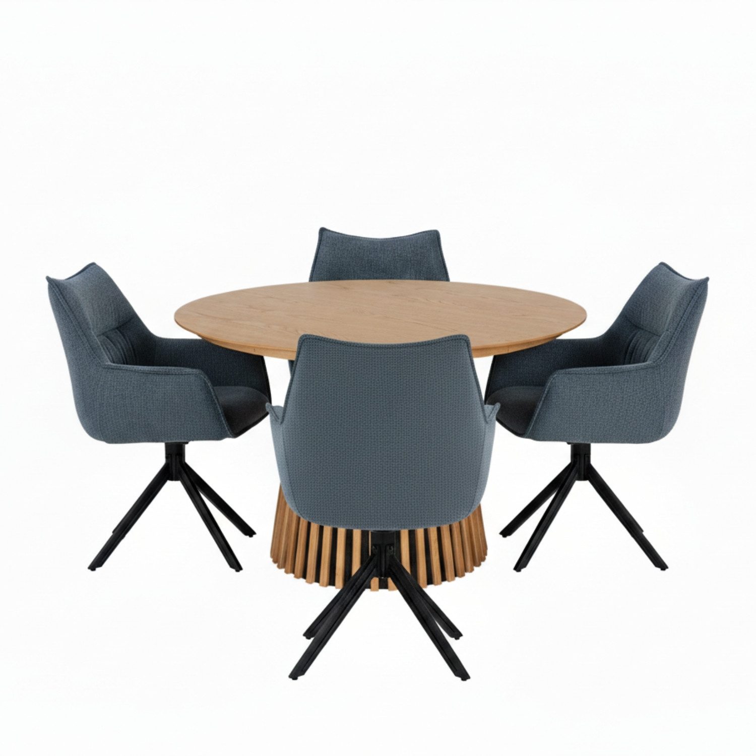 MR.DEKO Esszimmer-Set Diningsessel-Set Ginosa blau 4x & runder Tisch Oria Eiche Ø120 cm, (Essgruppe 5-teilig – Tisch & 4 drehbare Esszimmerstühle, 5-St), Runder Holztisch Ø120 cm Eichenfurnier & 4 drehbare Polsterstühle