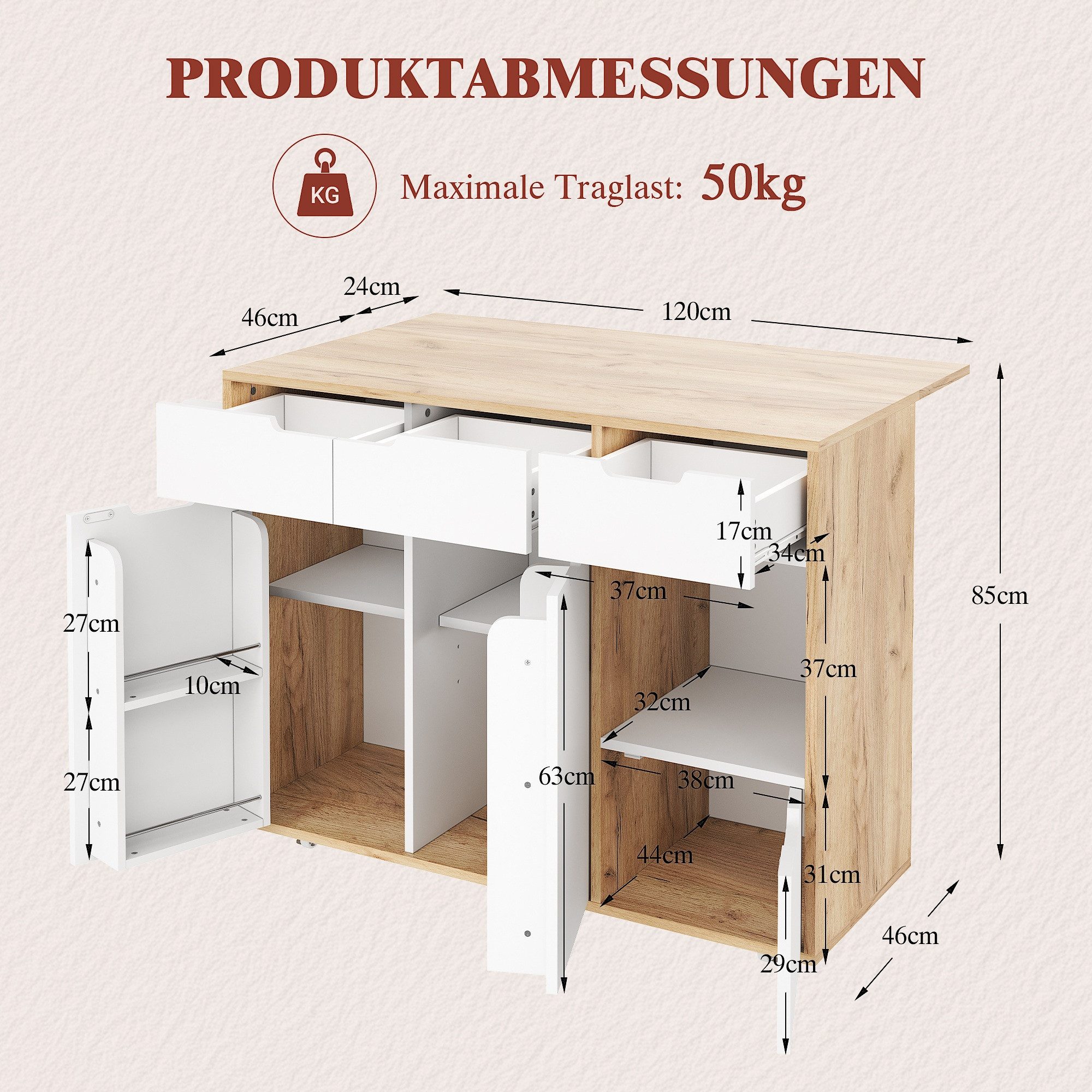 LVHOM Küchenwagen Küchenschrank, 360°drehbare,feststellbare Rollen,bewegliches Sideboard, (120×46×85cm, drei Schubladen+sechs Einlegeböden, geschlossene und offene Fächer, Handtuchhalter an einer Seite, klappbare Arbeitsplattenablagen, können als Bar genutzt werden), robust und langlebig, bis zu 50kg, für Küchen, Restaurant,Home-Office
