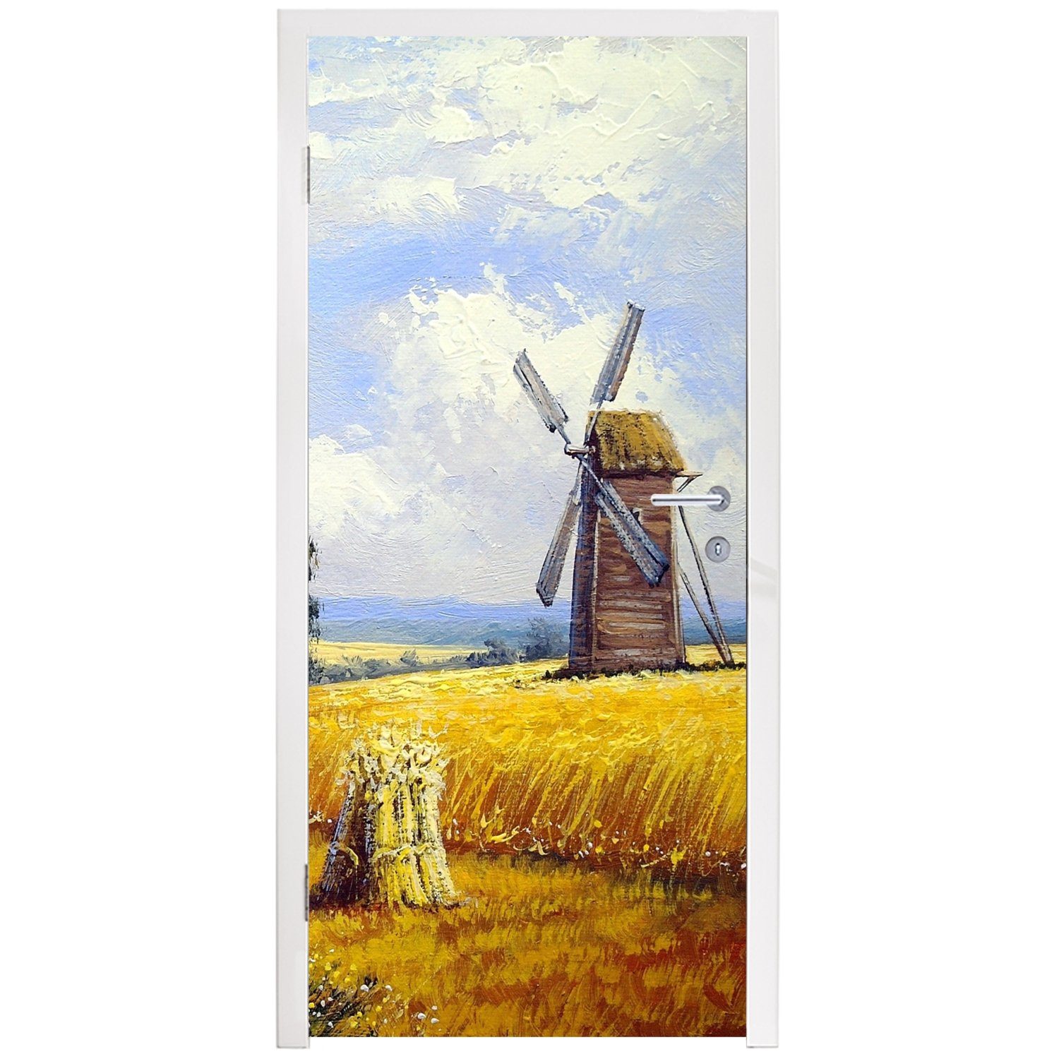 MuchoWow Türtapete Gemälde Ölfarbe, - Matt, - Mühle Fototapete St), 75x205 bedruckt, Bauernhof - Türaufkleber, für cm (1 Tür