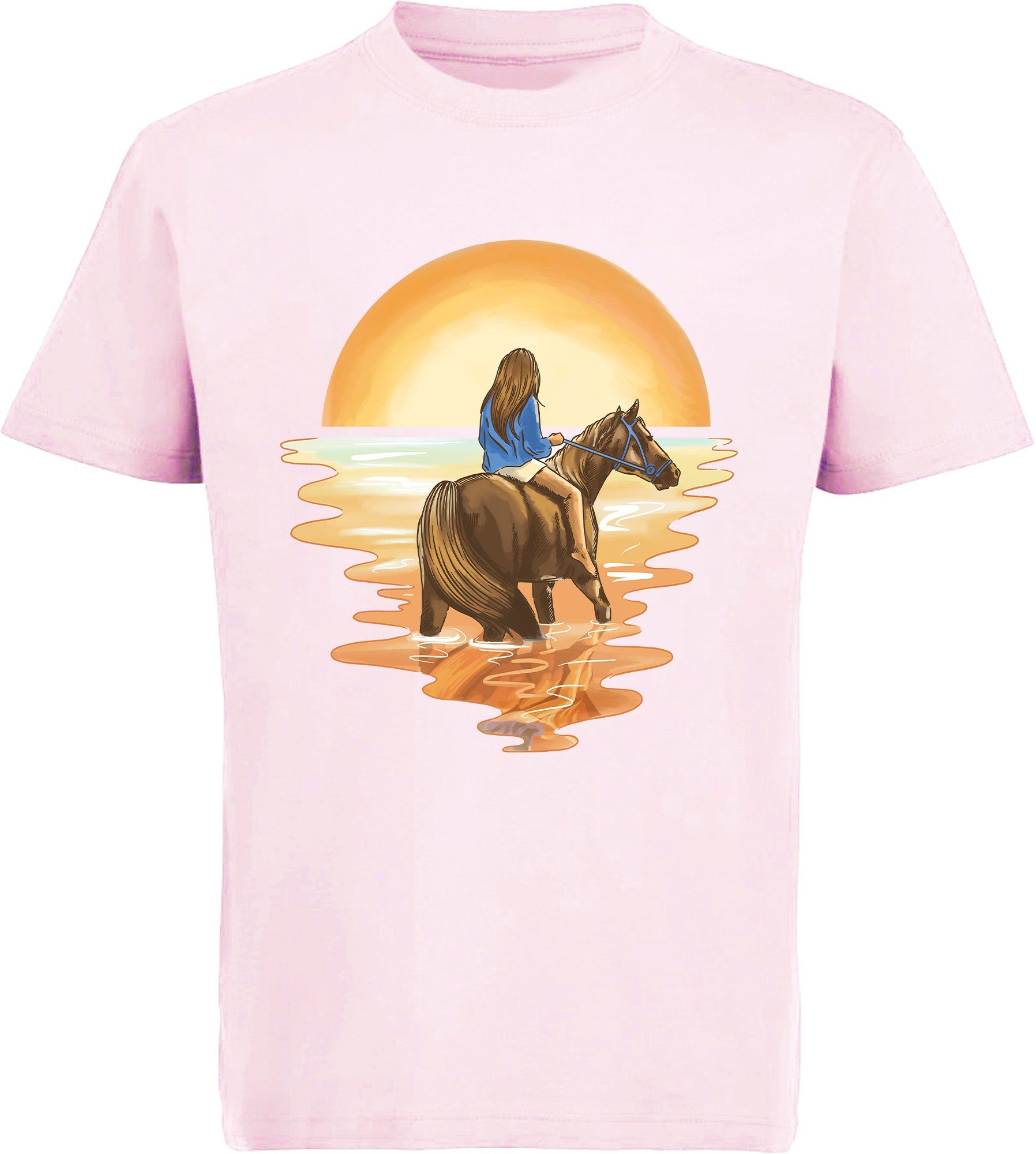 Print-Shirt Baumwollshirt i140 Reiterin MyDesign24 Aufdruck, T-Shirt bedrucktes mit Pferd im Wasser rosa Mädchen mit