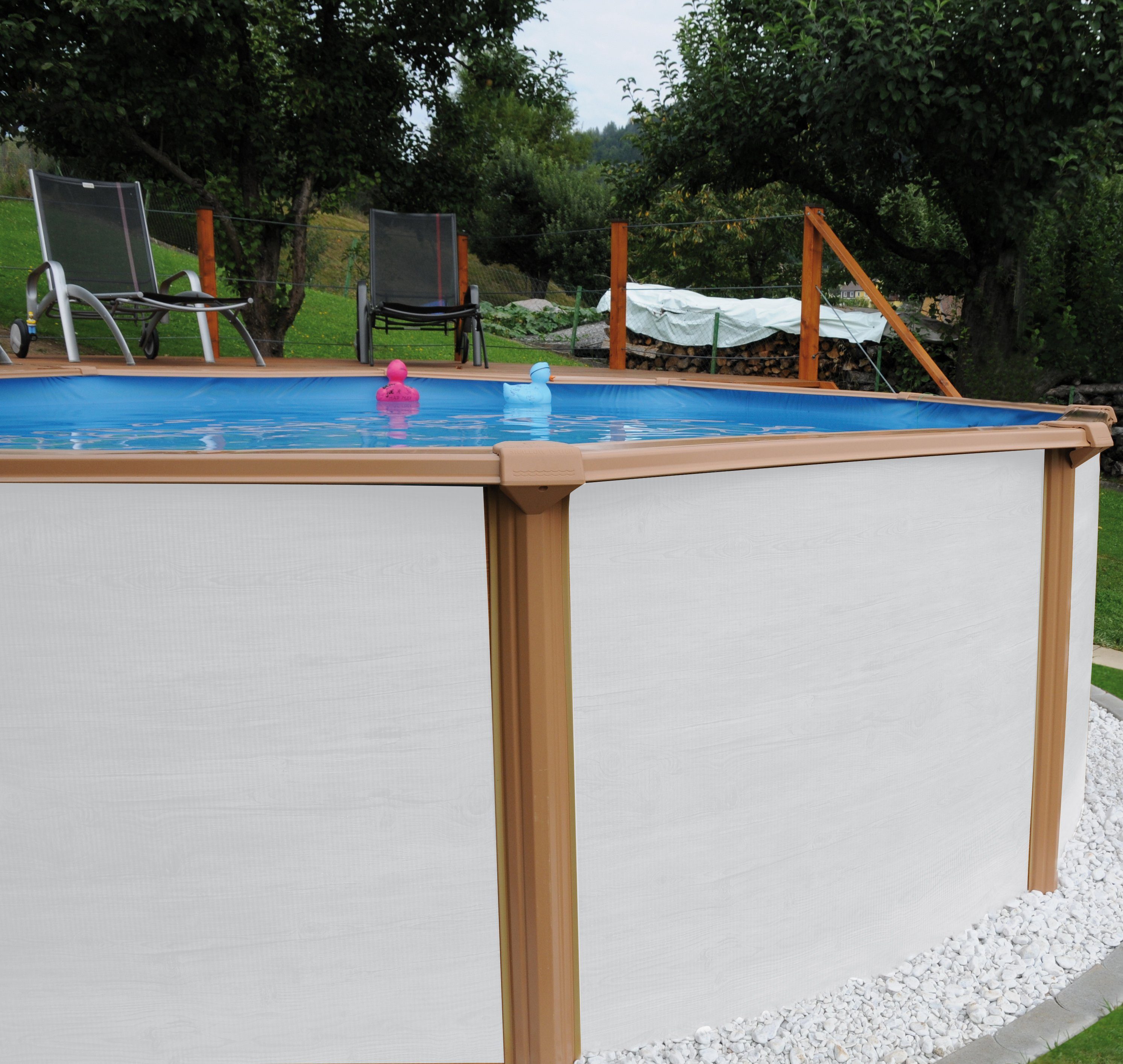 KWAD Rundpool White Timber inkl. Sicherheitsleiter und Zubehör (Set, 5-tlg), 5-tlg 3,6, 5,5 oder 4,6 m Durchmesser, Höhe: 1,32m, mit blauer Folie