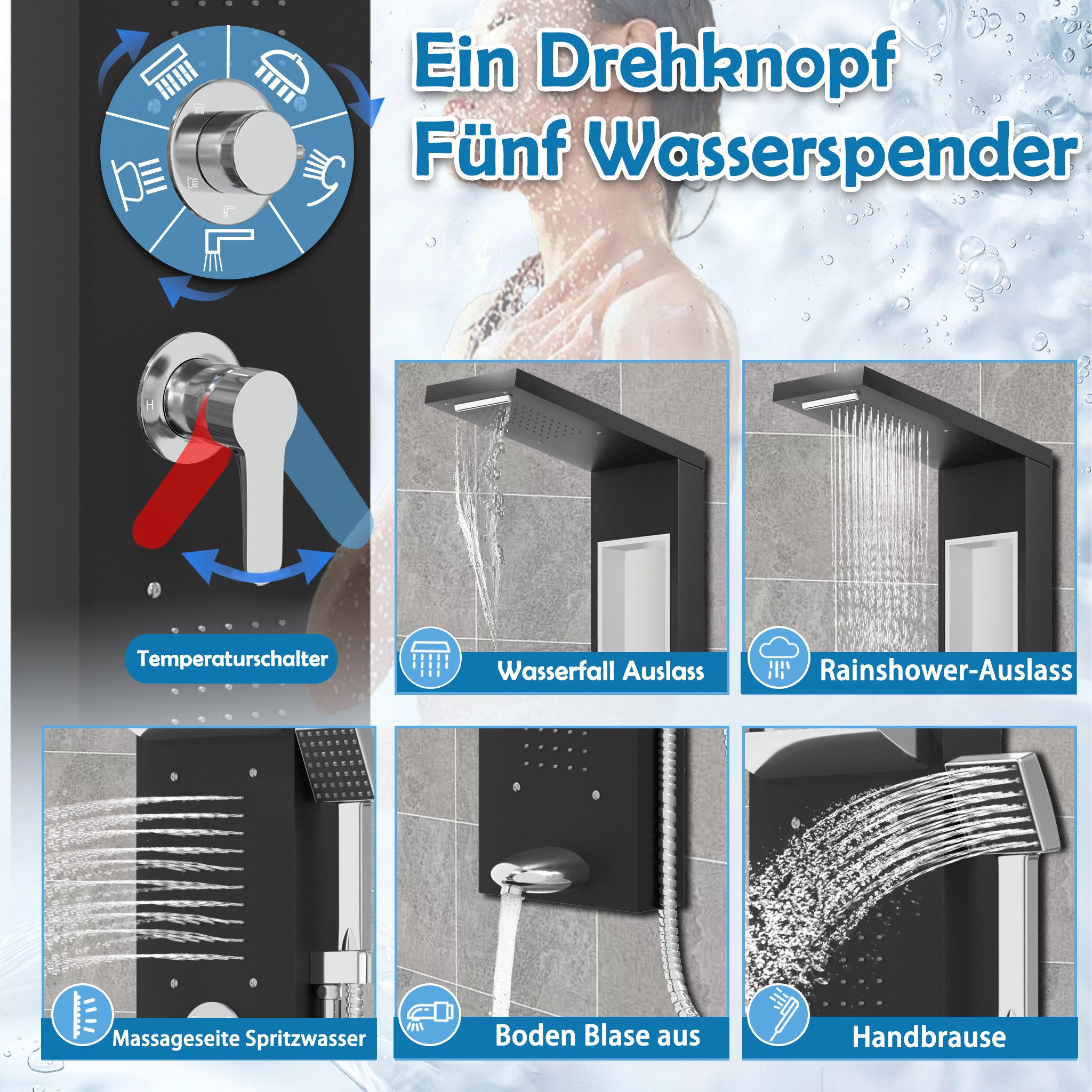 FIVMEN Duschsystem 5‑in‑1 Duschpaneel aus Gebürstetem Edelstahl Regendusche Wasserfall, Rückenmassage Handbrause multifunktional einfache Wandmontage – Bild 4 von 5